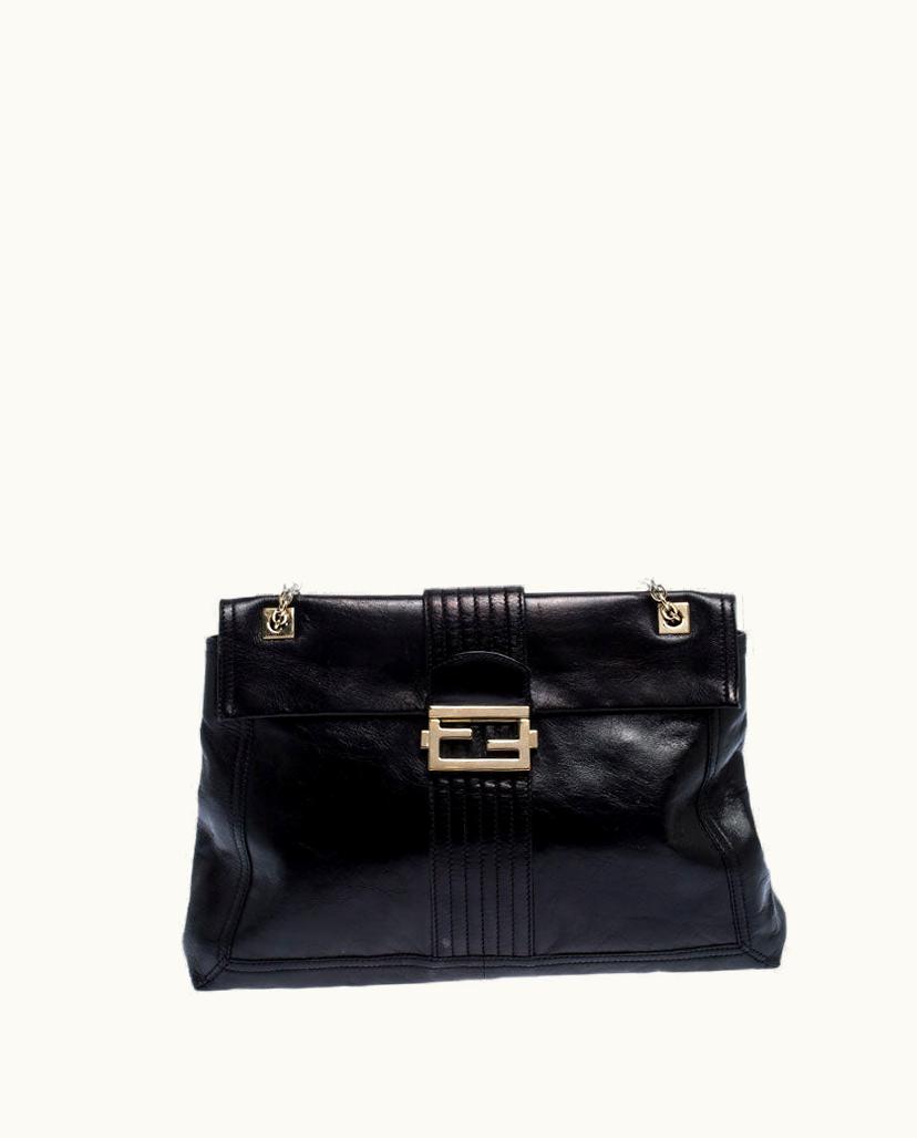 Fendi Fendi Black Leather Maxi Baguette Flap Shoulder Bag
