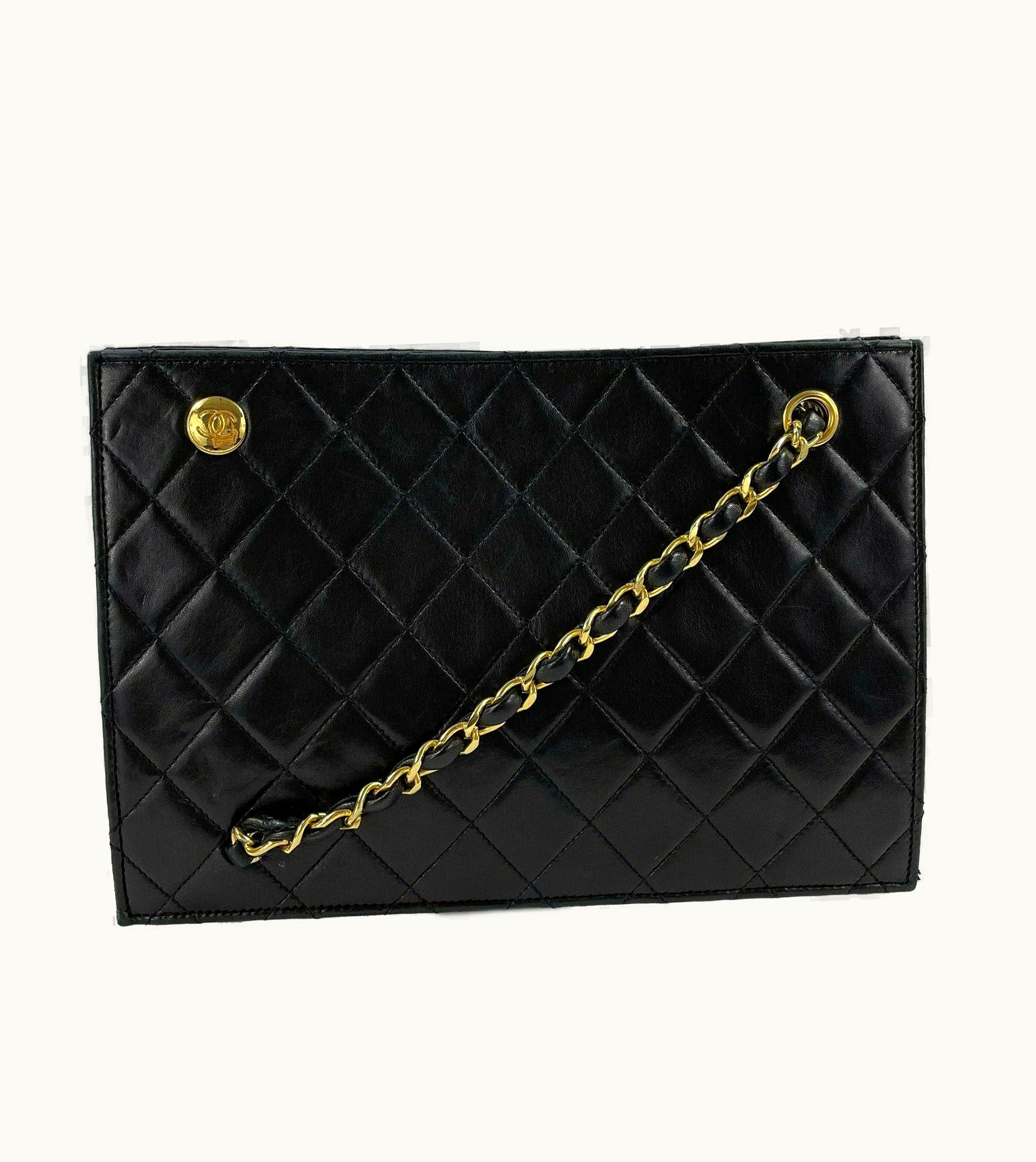 Chanel Chanel - 80S Quilted Black / Gold Chain Threaded Small Lambskin Crossbody
