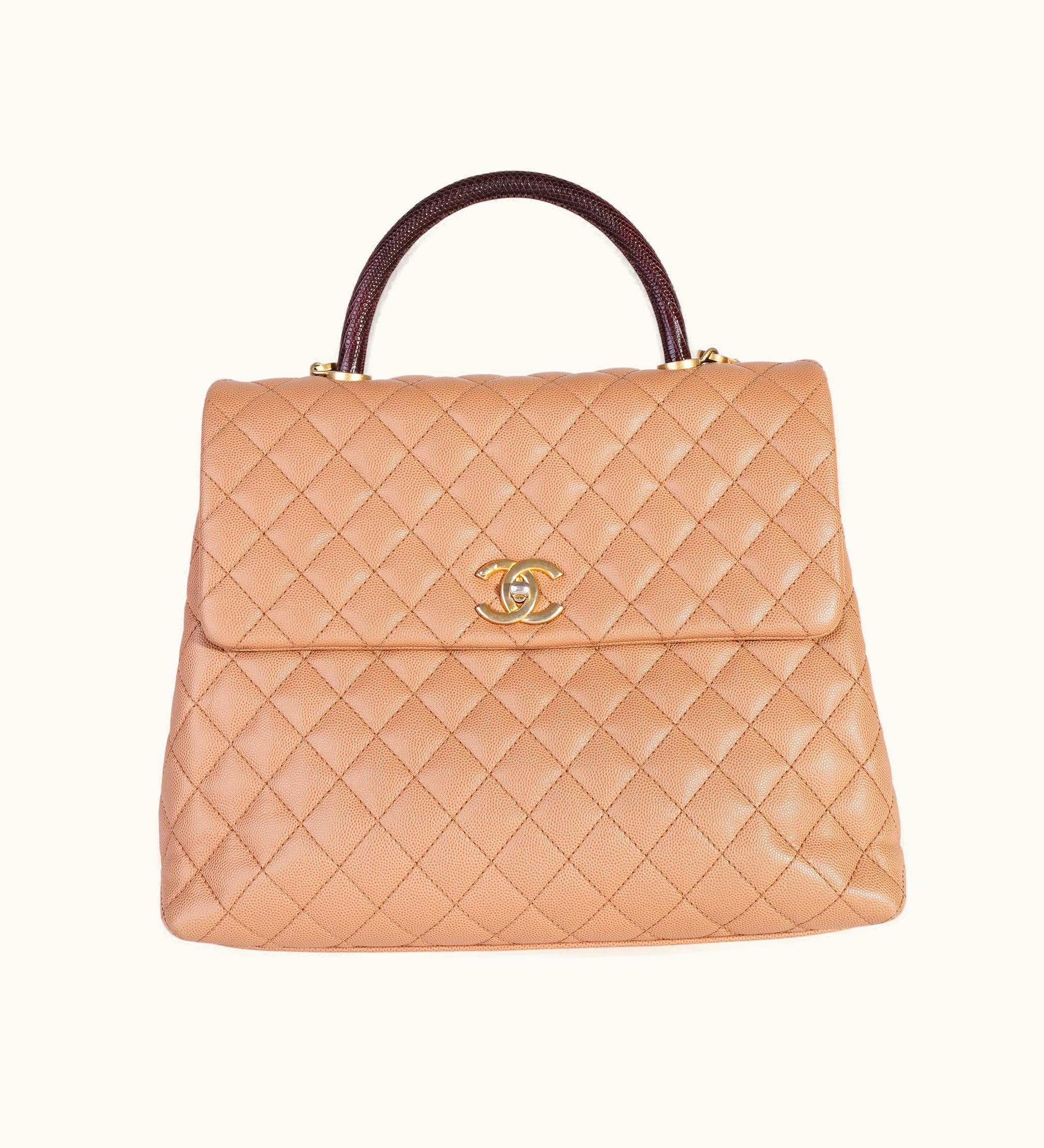 Chanel Chanel Coco Top Handle Large Crossbody Bag Beige Caviar & Burgundy Lizard