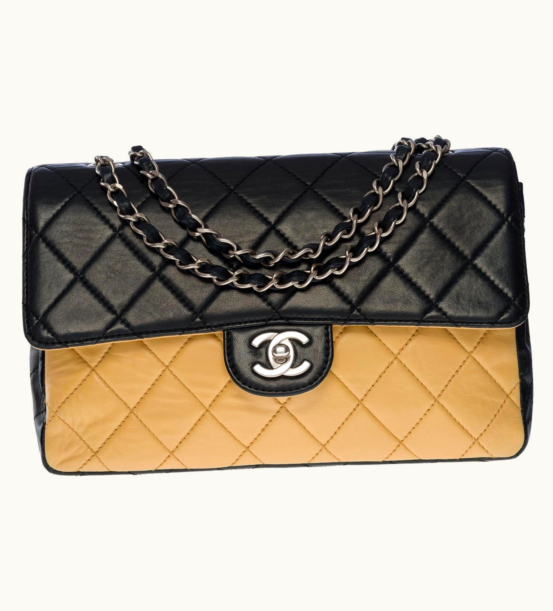 Chanel Chanel Rare Classic Single Flap Shoulder Bag In Black/Beige Quilted Lambskin
