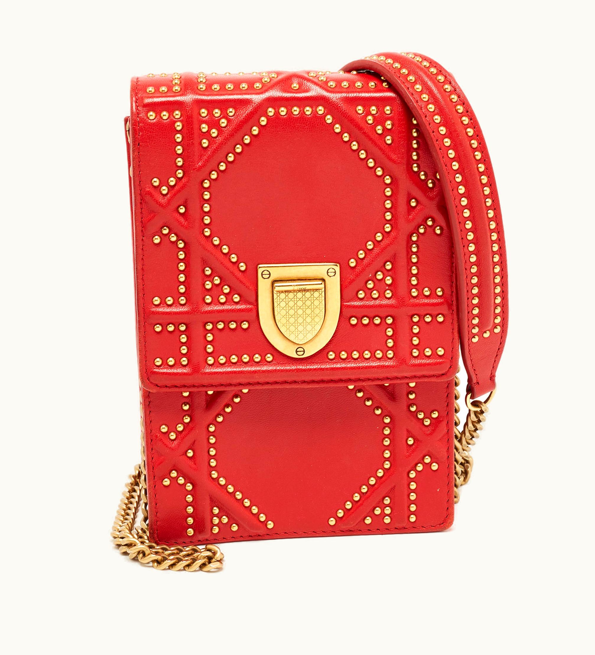 Dior Dior Red Leather Ama Studded Vertical Chain Clutch