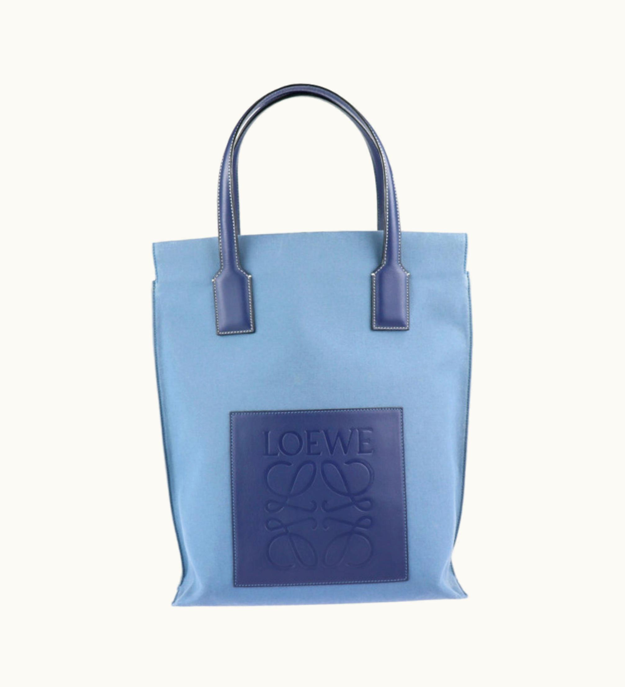 Loewe Loewe Shopper Bag Tote 31550Os66 Cotton Canvas Calf Leather Blue Navy Handbag Shopping
