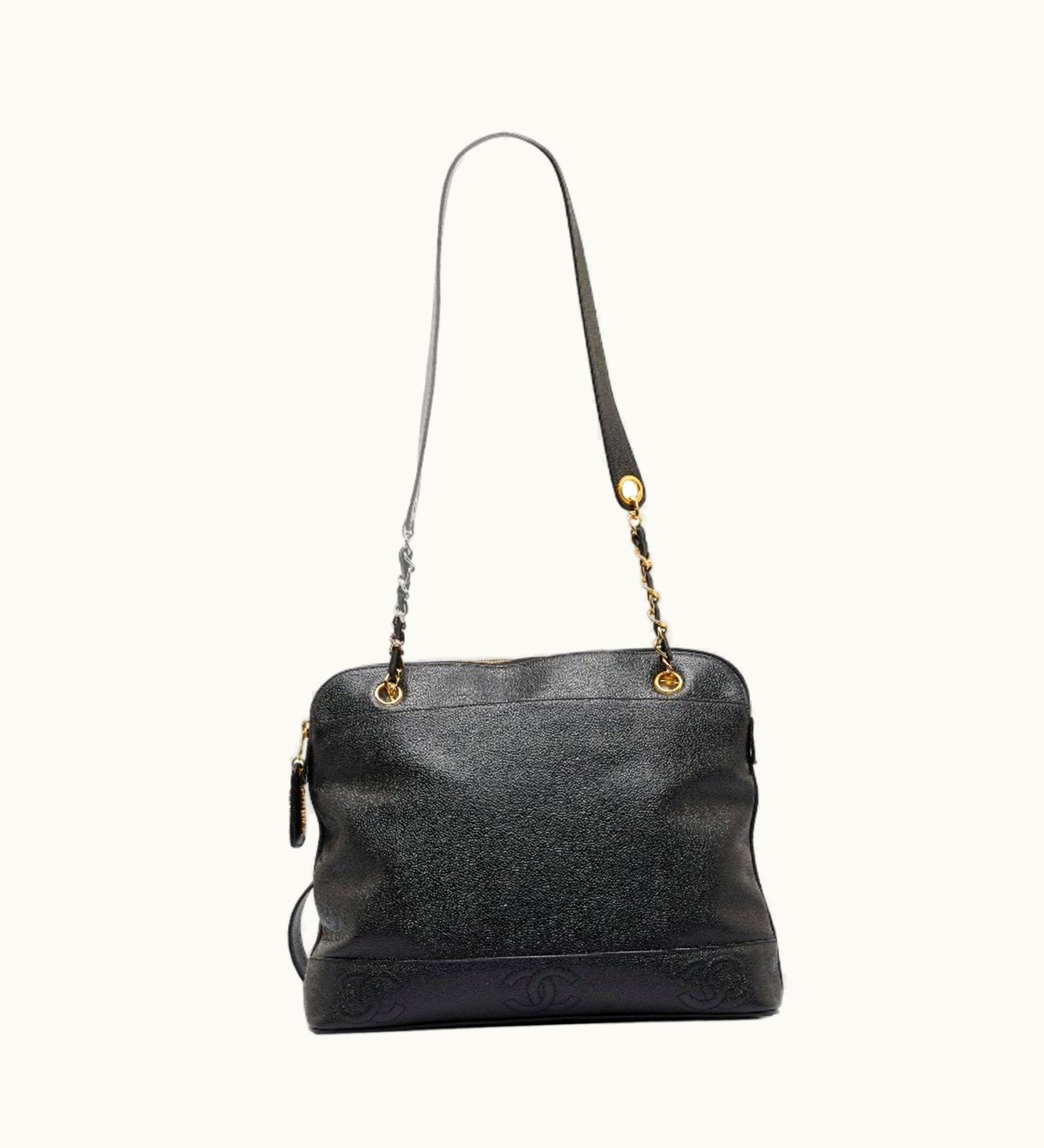 Chanel Chanel Here Mark Chain Tote Bag Shoulder Black Caviar Skin Ladies