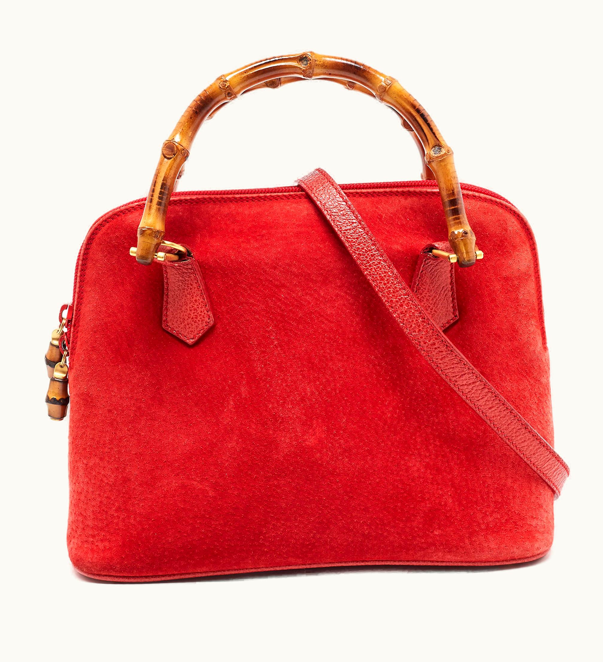 Gucci Gucci Red Suede And Leather Bamboo Handle Satchel