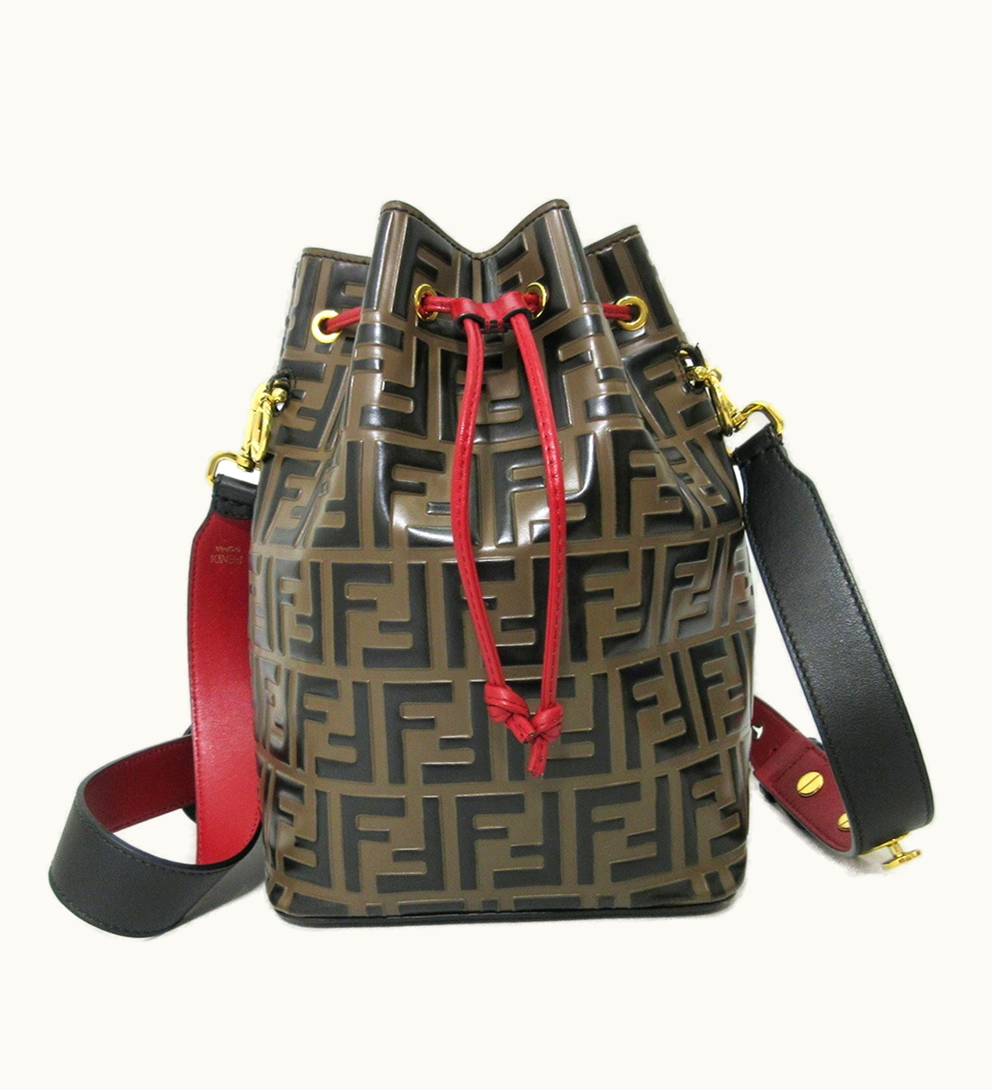 Fendi Fendi Bag Montresor Drawstring Shoulder Khaki X Red Zucca Semi-Shoulder Women's Leather Fendi