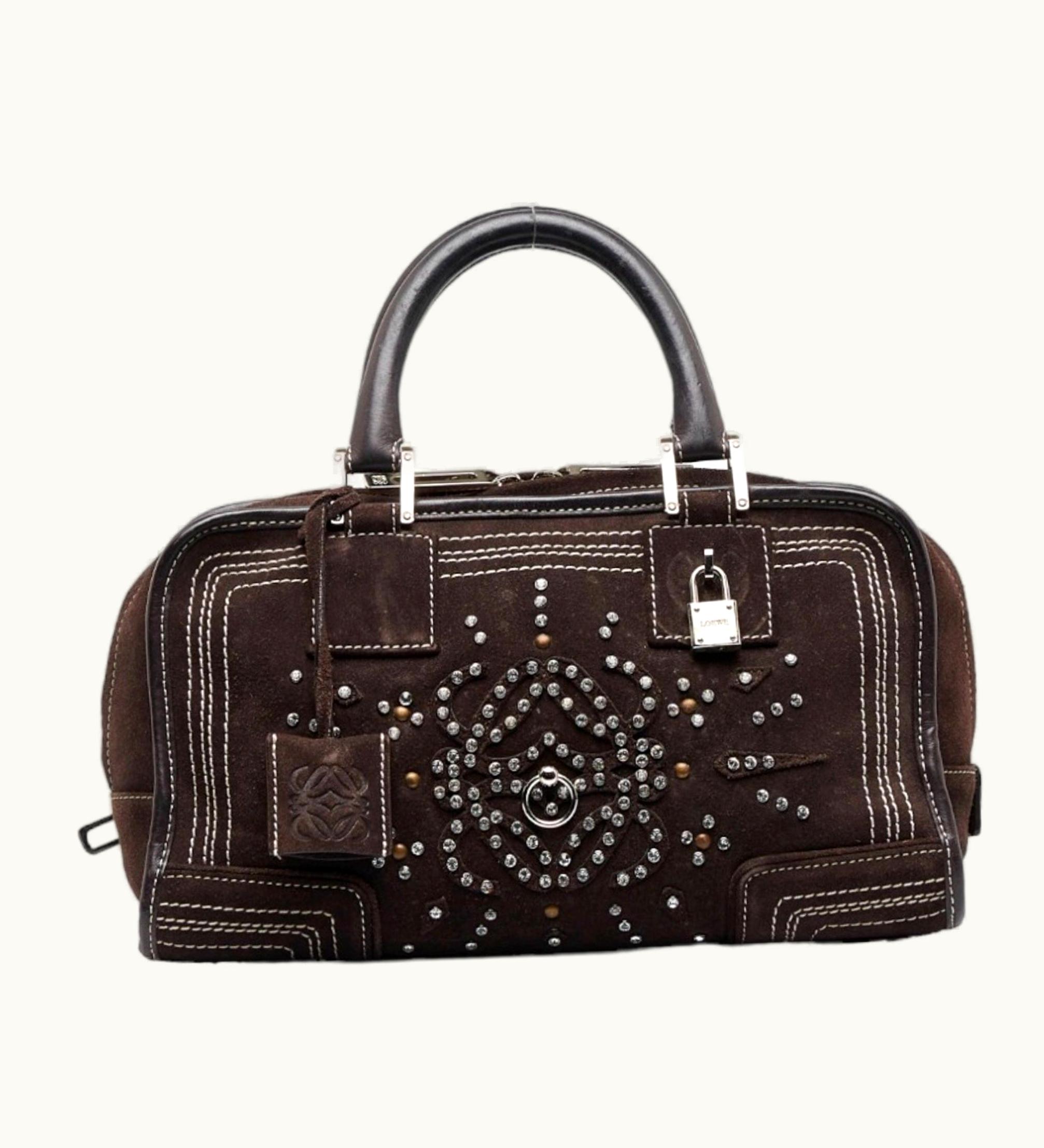 Loewe Loewe Anagram Amazona 28 Handbag Boston Bag Brown Suede Leather Rhinestone Women's