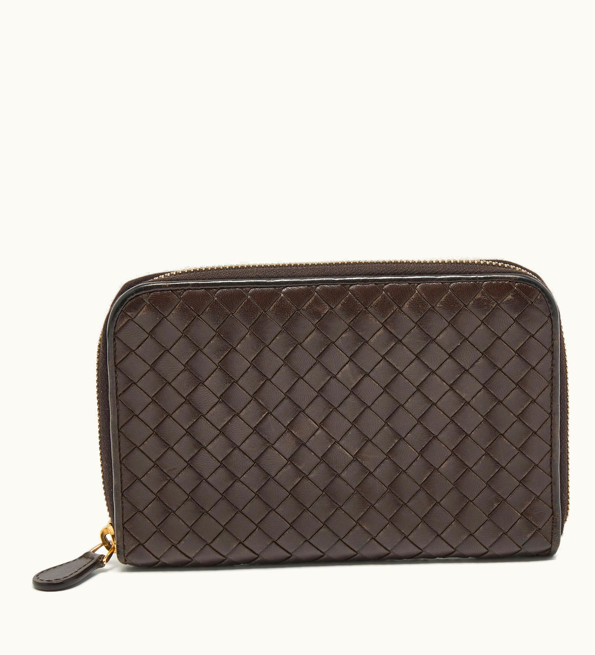Bottega Veneta Bottega Veneta Dark Brown Intrecciato Leather Zip Around Wallet Organizer