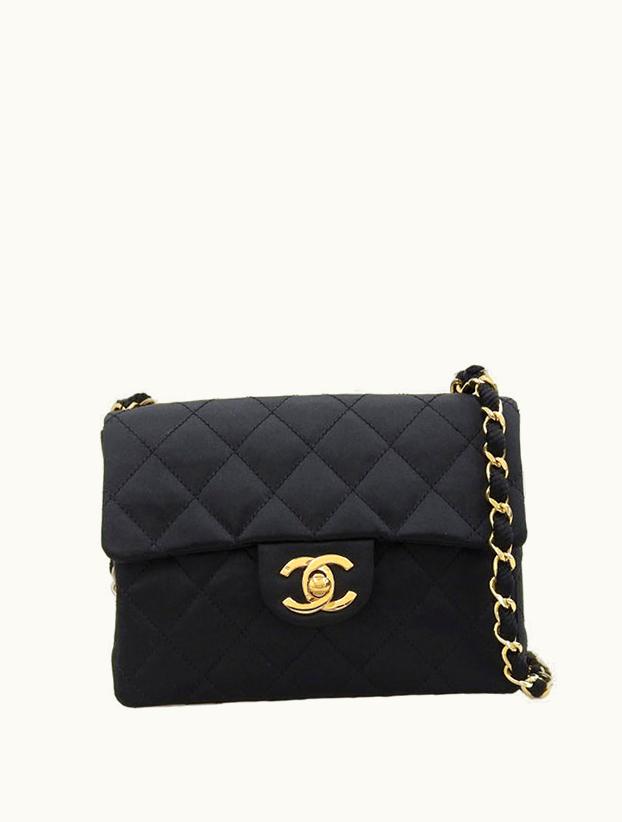 Chanel Chanel Around 1985 Made Silk Satin Classic Flap Chain Bag Mini Black