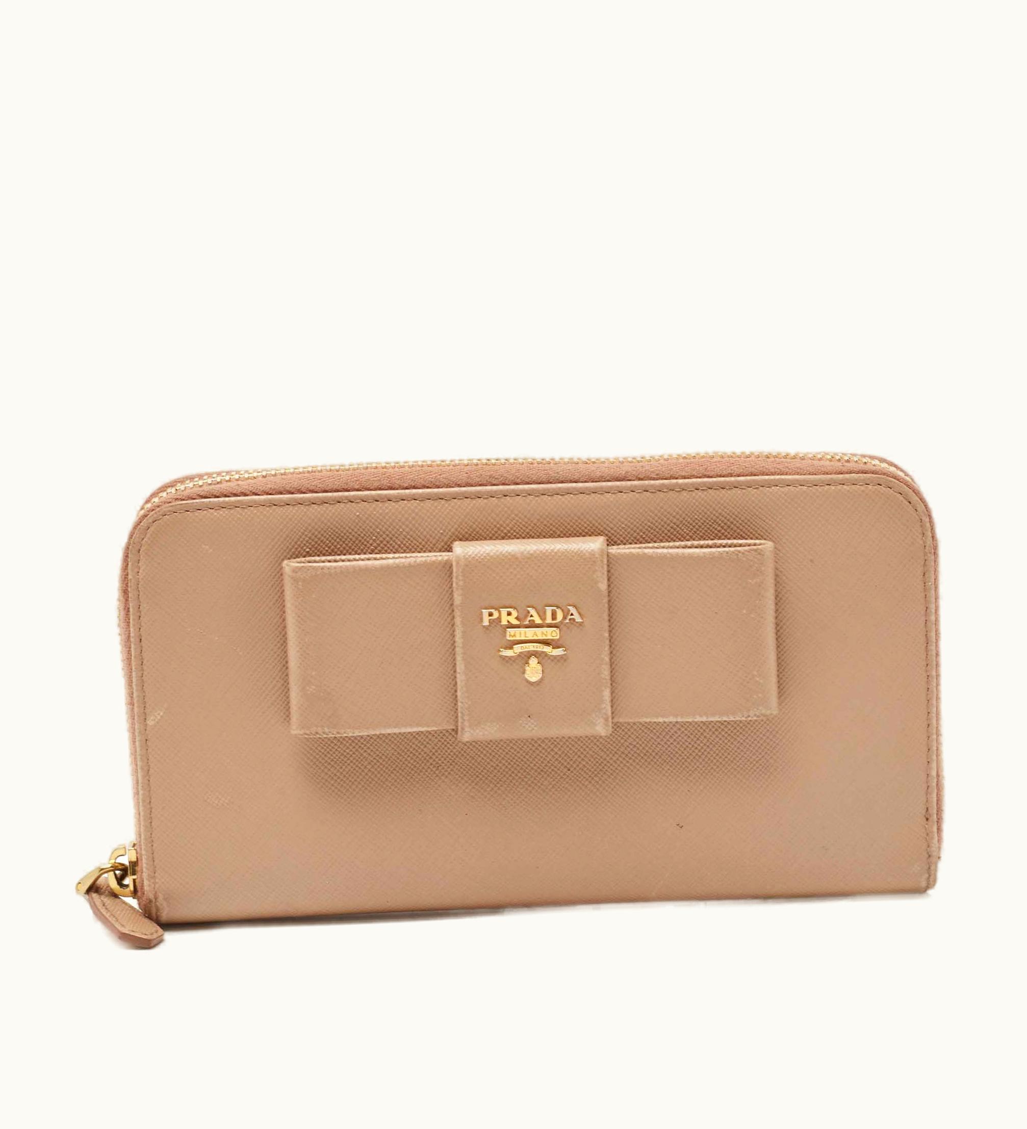 Prada PRADA Saffiano Leather Bow Zip Around Wallet Beige