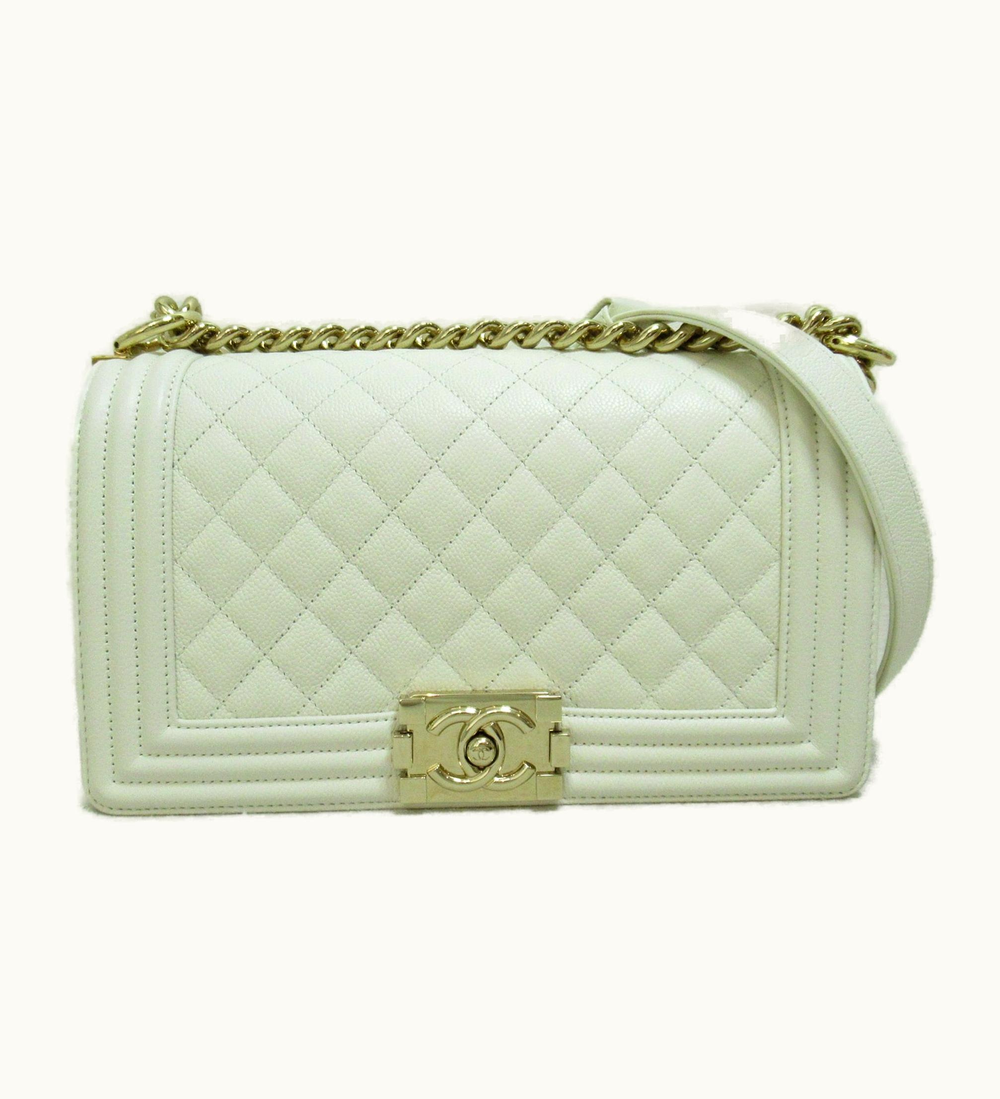 Chanel Chanel A67086 Boy Chain Shoulder Bag White Caviar Skin
