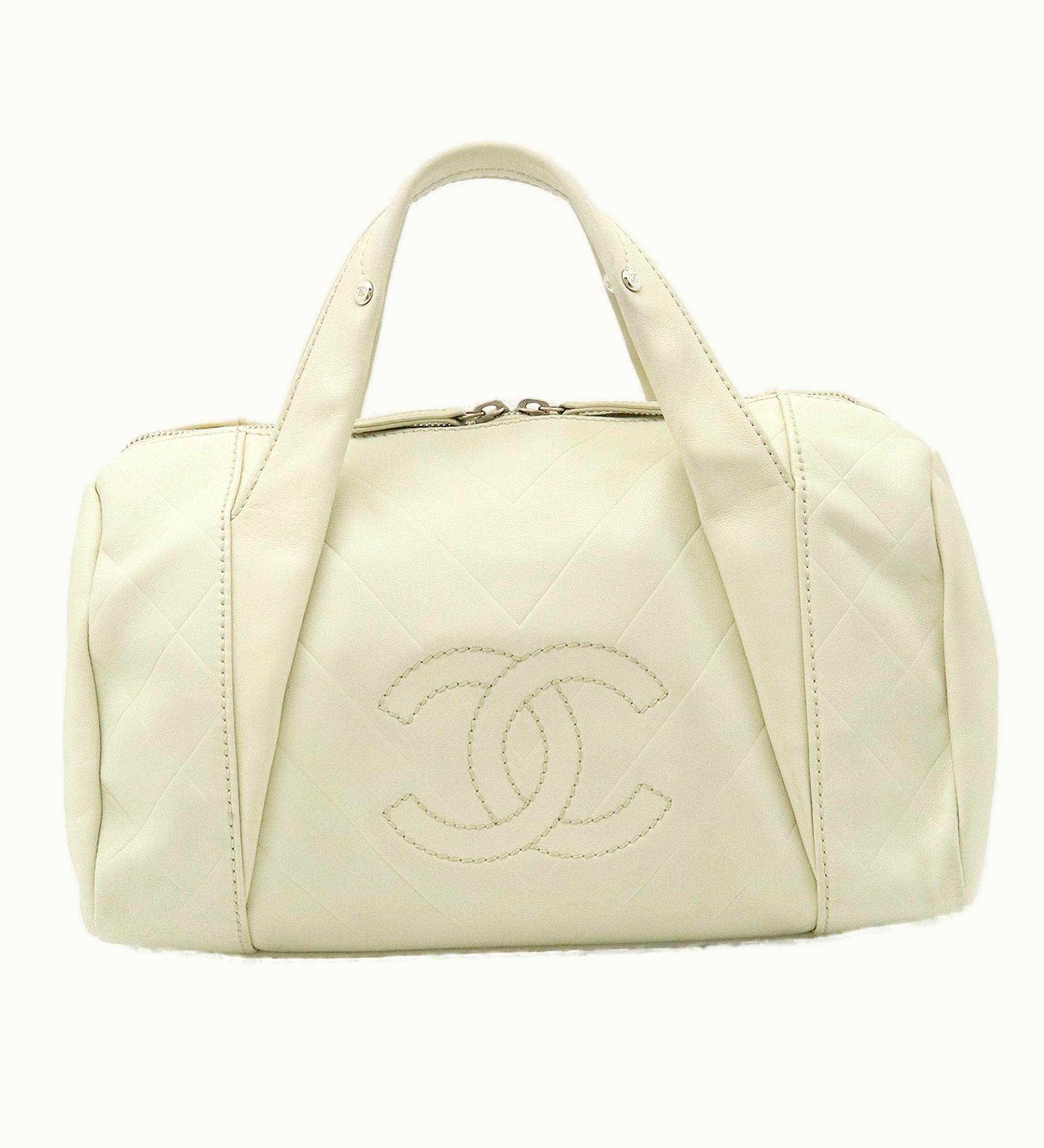 Chanel Chanel Chevron V Stitch Here Mark Boston Bag Handbag Leather Ivory A91136