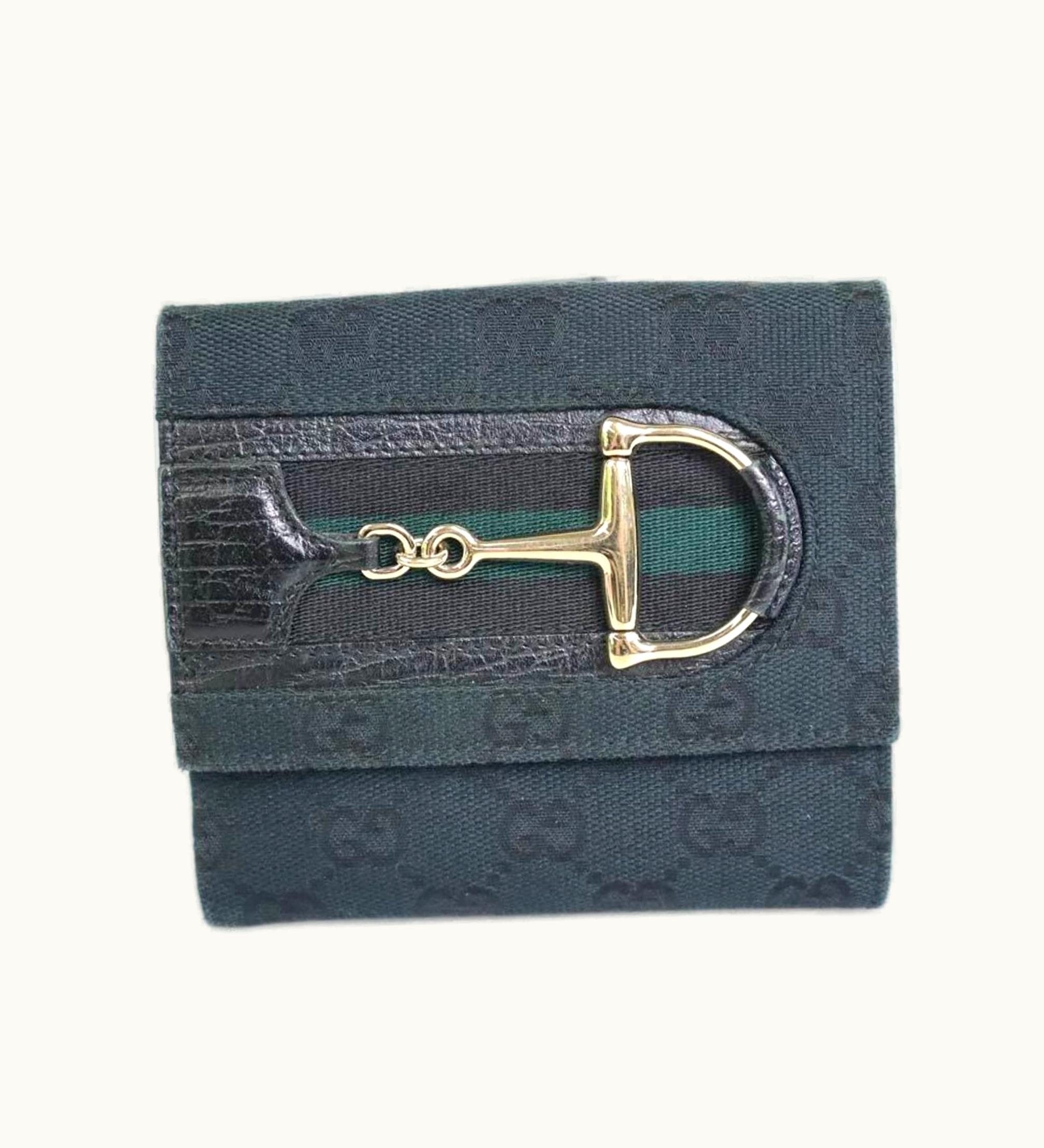 Gucci Gucci Bifold Wallet GG Canvas Canvas/Leather Black/Green Light Gold Unisex 138029 E55997G