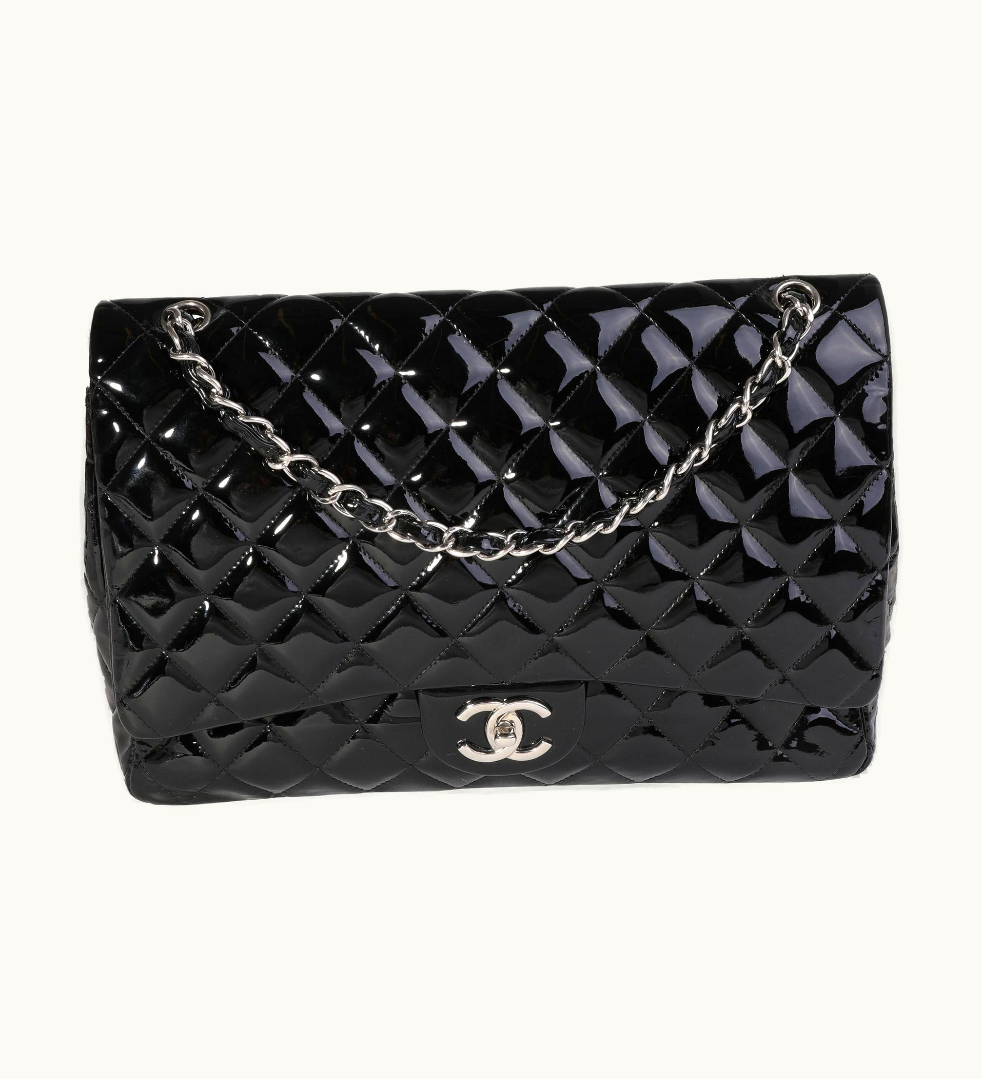 Chanel Chanel Classic Double Flap Shoulder Bag Black Patent Leather Maxi Silver-Tone