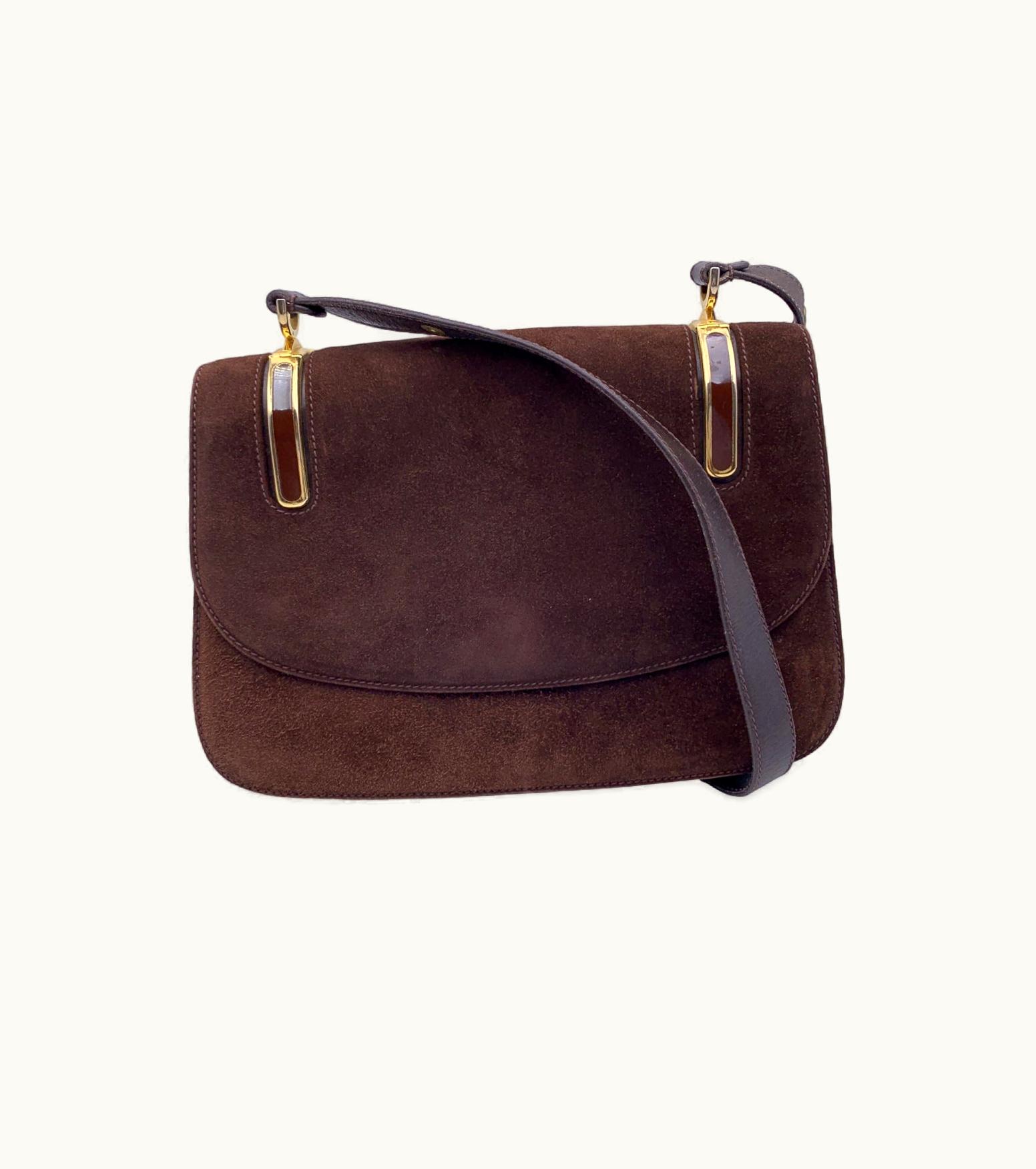 Gucci Gucci Vintage Brown Suede Flap Shoulder Bag With Enamel