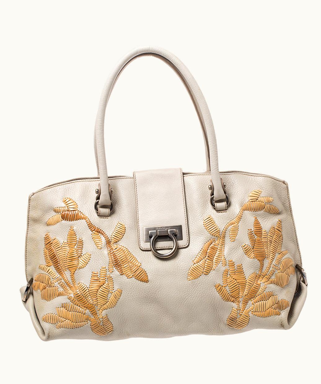 Salvatore Ferragamo Salvatore Ferragamo Ivory Embroidered Leather Sofia Satchel