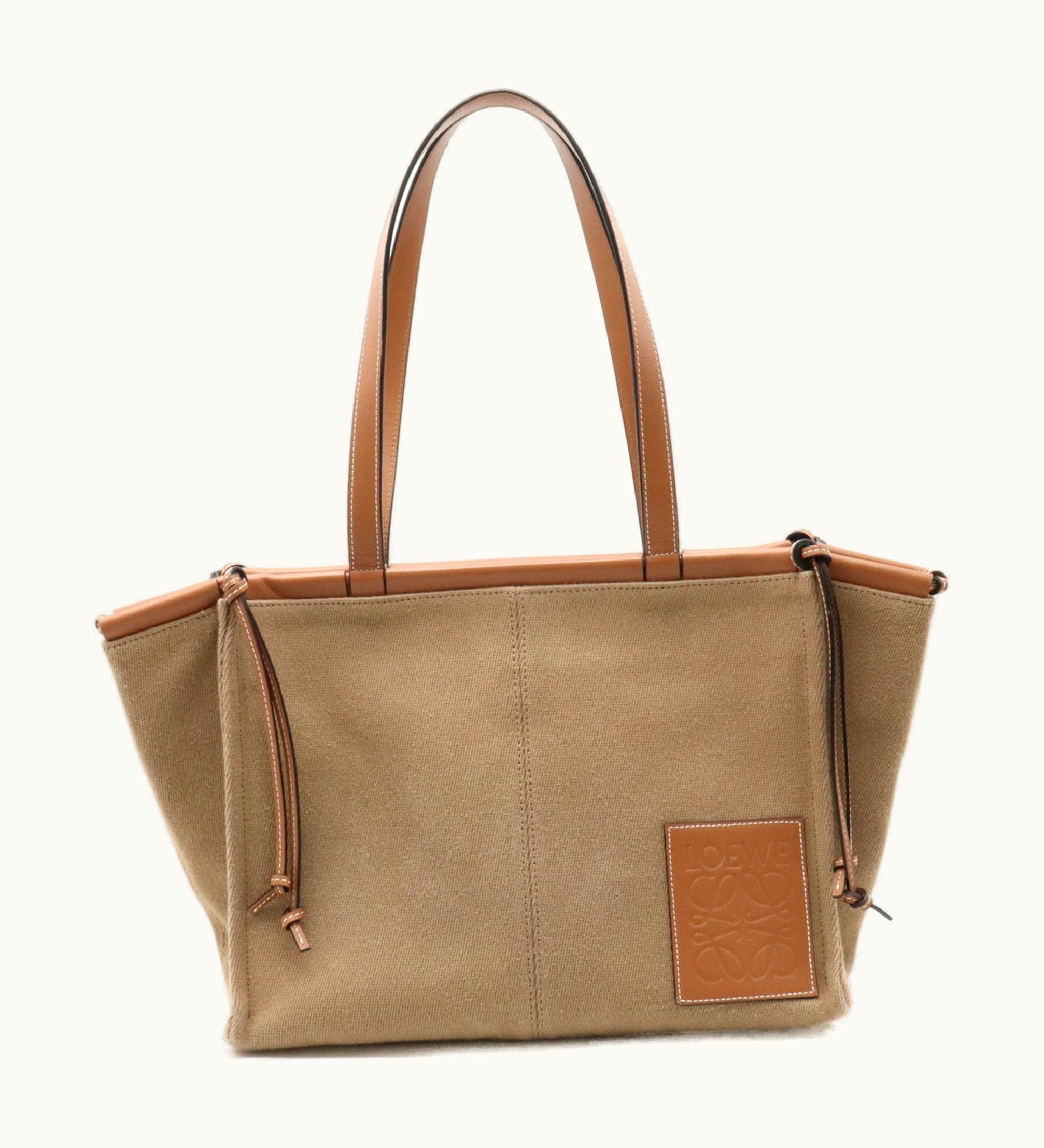 Loewe Loewe Cushion Tote Large Bag Shoulder Canvas Leather Cork Brown Camel