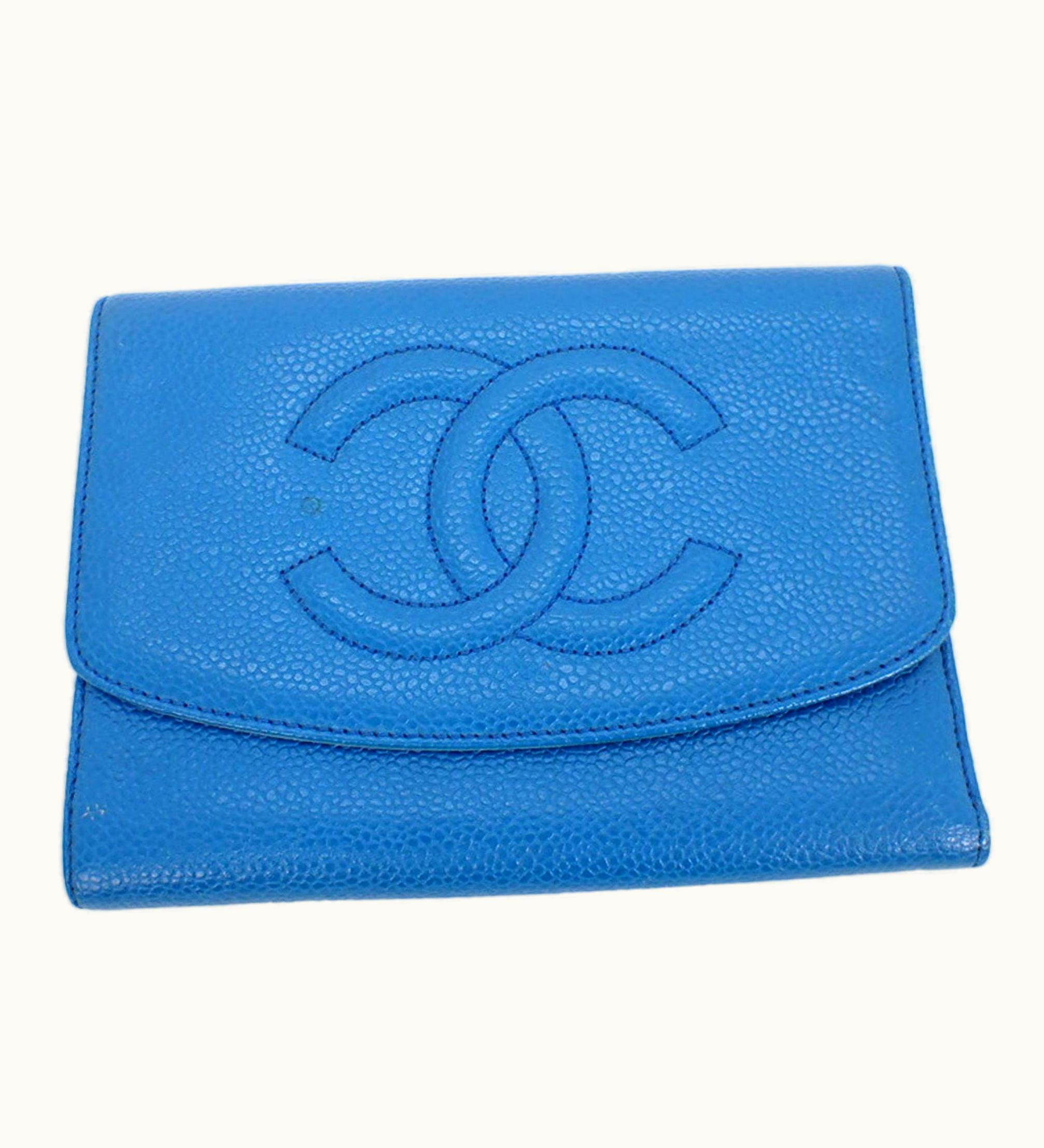Chanel Chanel Here Mark Caviar Skin Tri-Fold Wallet Blue With Seal No. 5