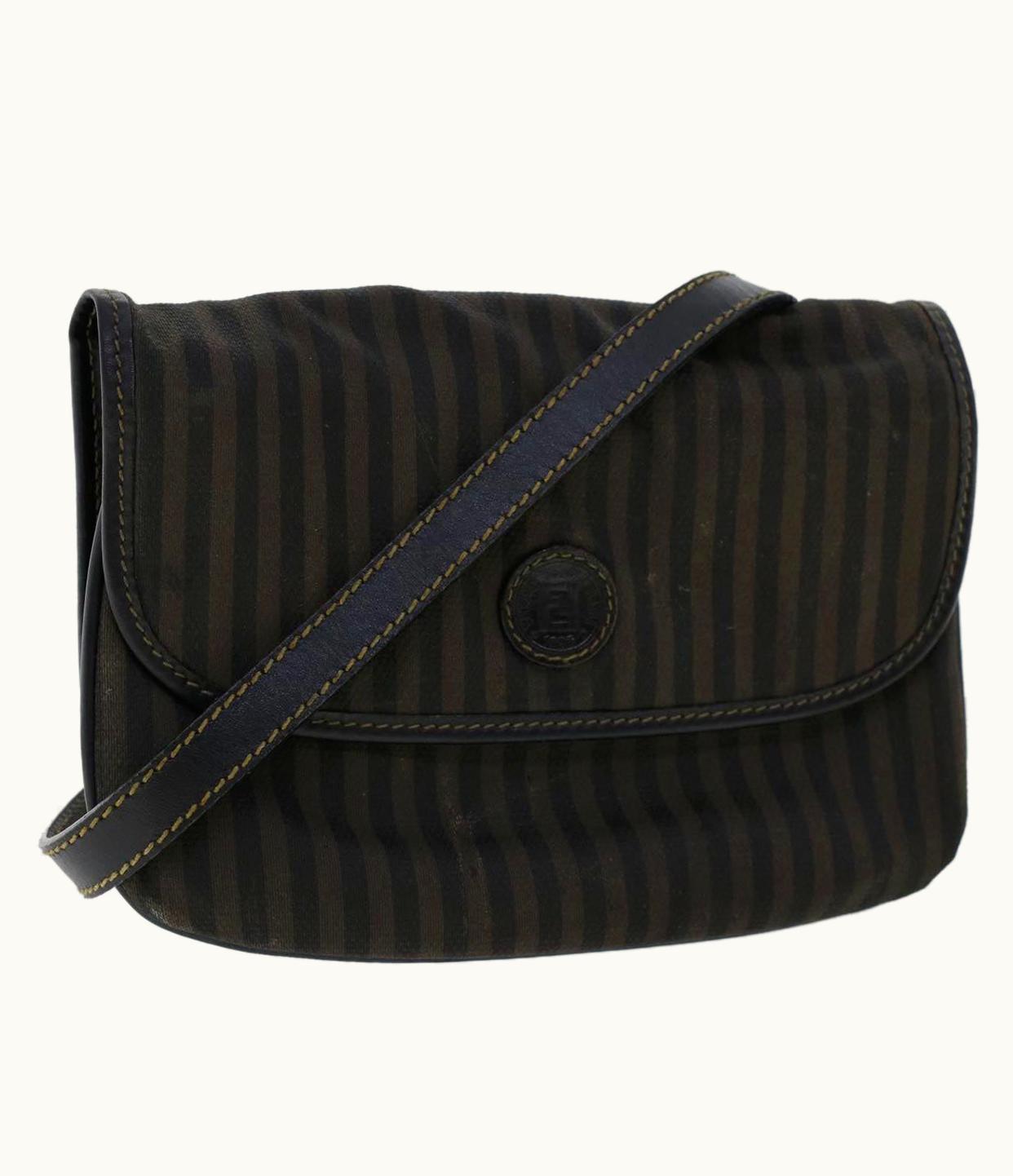 Fendi Fendi Pecan Canvas Shoulder Bag Leather Black Brown