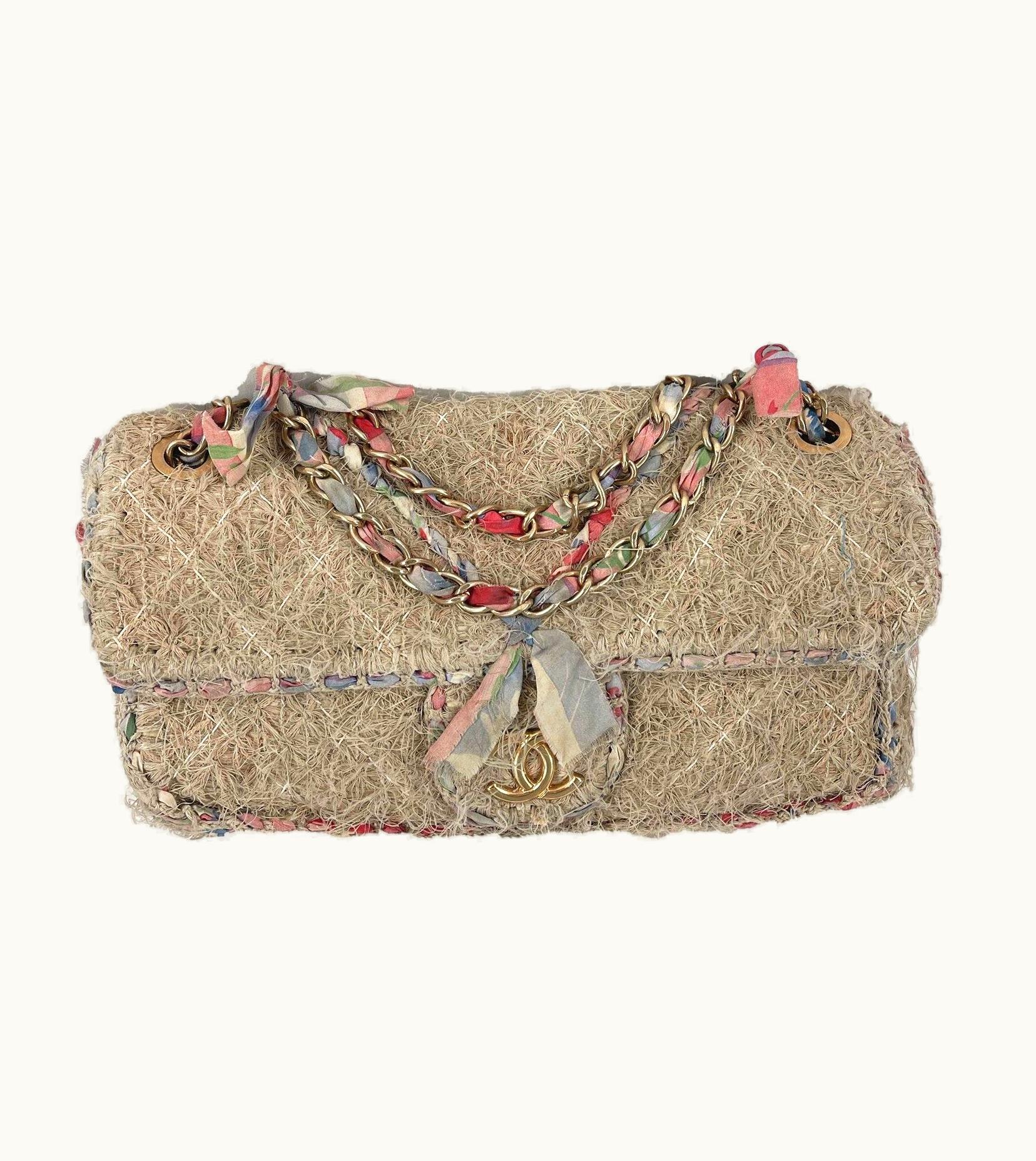 Chanel Chanel - Quilted Stitched Tan Raffia / Straw CC Country Flap Shoulder Bag