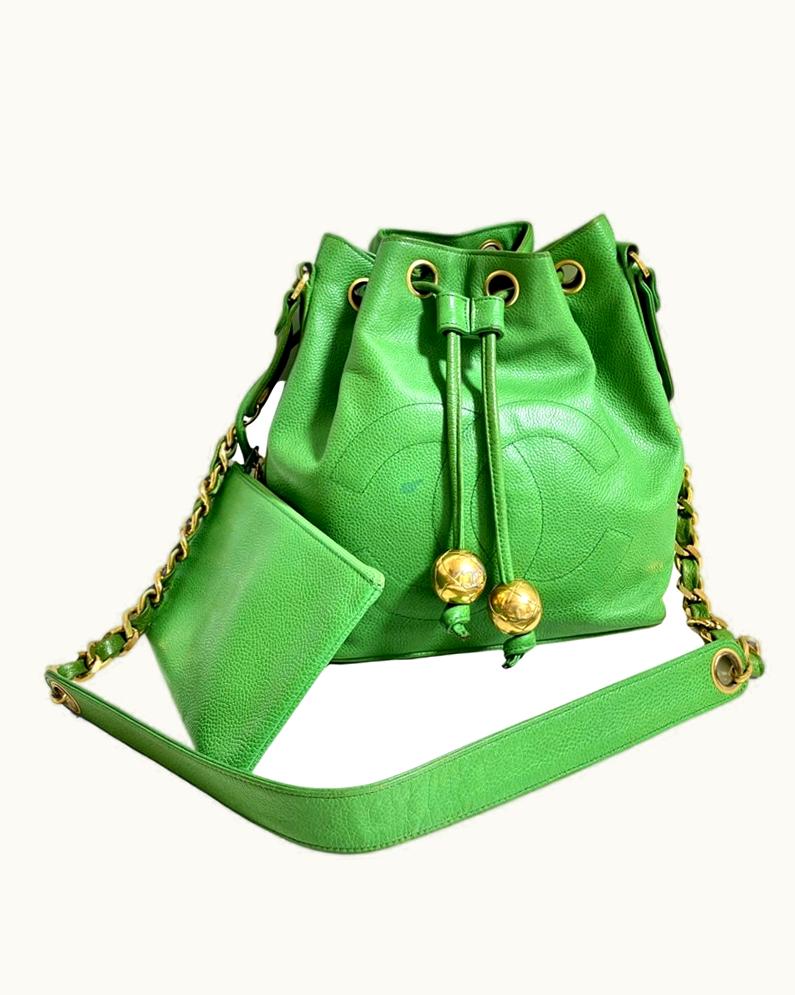 Chanel Chanel Vintage Green Caviar Leather Hobo Bucket Shoulder Bag With Golden Chain Strap