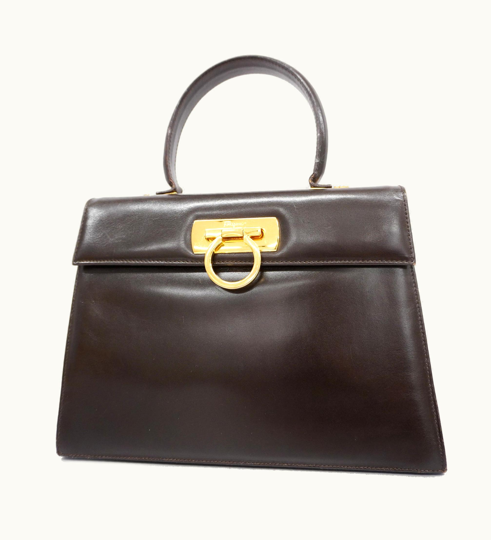 Salvatore Ferragamo Salvatore Ferragamo Gancini Handbag Women's Premium Leather Brown Gold