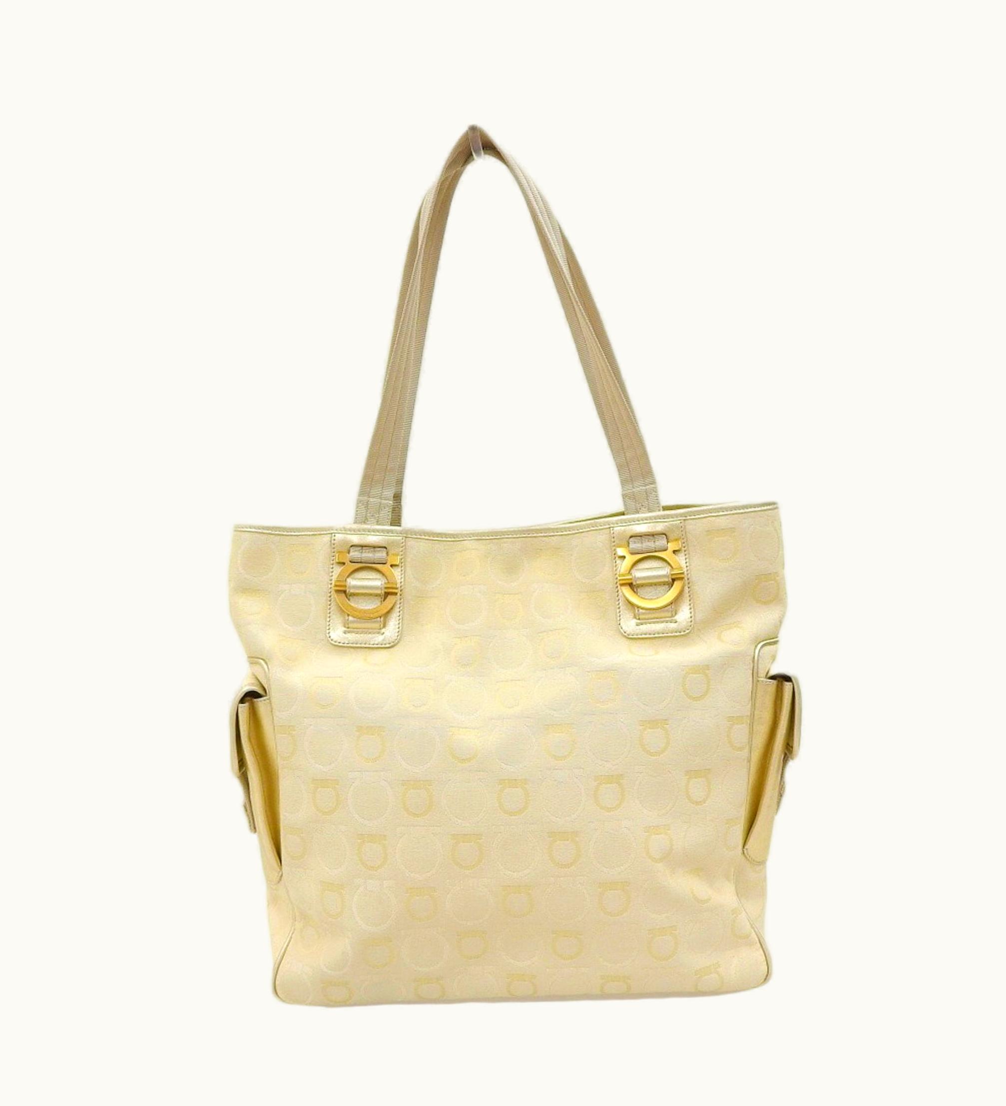 Salvatore Ferragamo Salvatore Ferragamo Gancini Women's Canvas, Leather Shoulder Bag, Tote Bag Champagne Gold, Ivory
