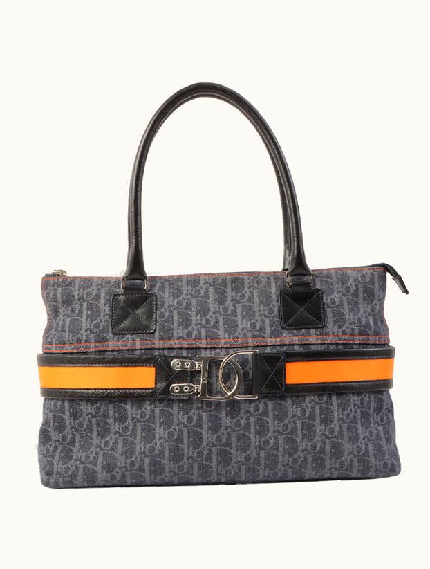 Dior Dior Christian Dior Flightline Denim Trotter Pattern Logo Plate Tote Bag Indigo/Orange