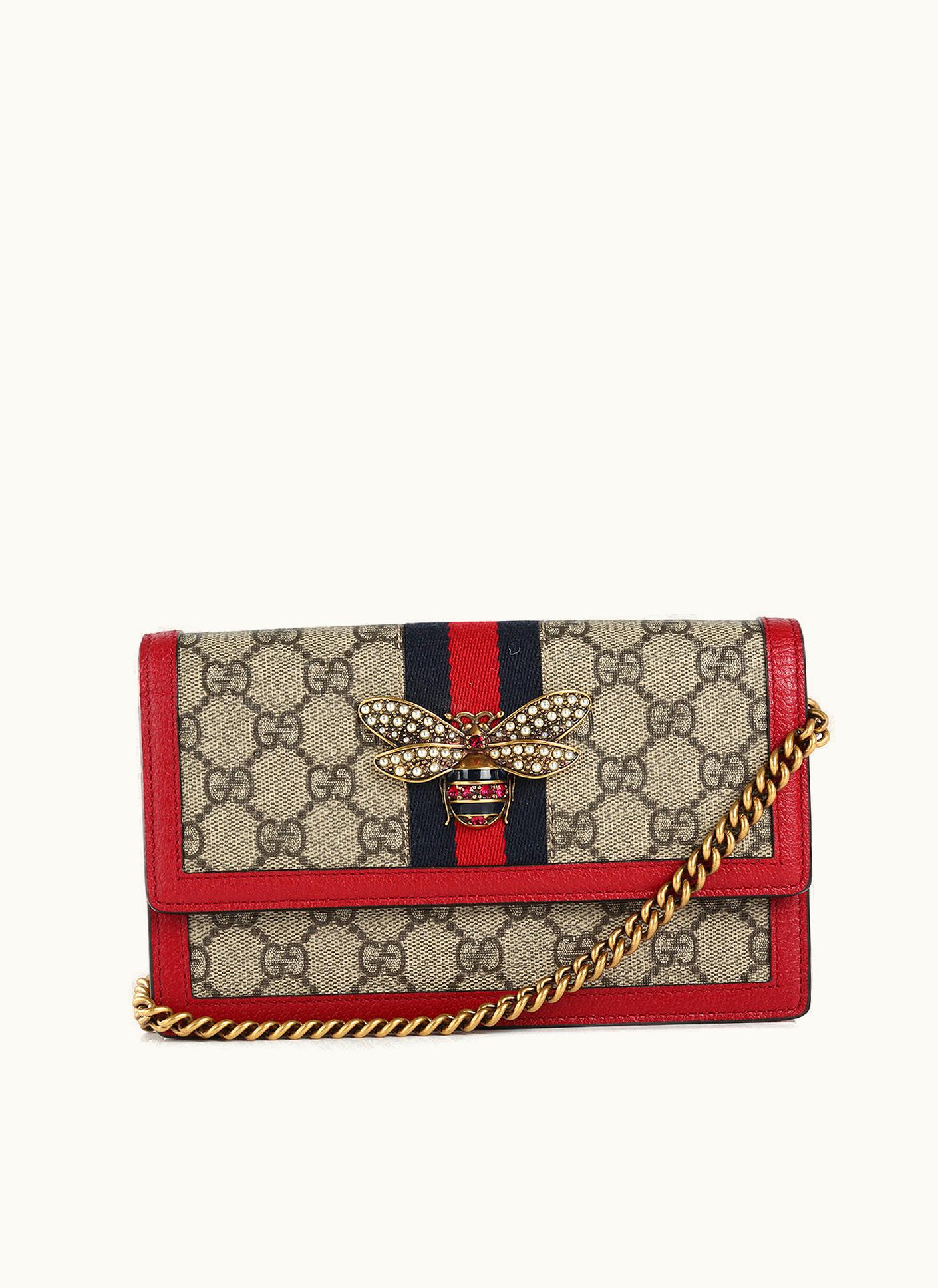Gucci Gucci Brown/Red GG Supreme Canvas & Leather Web Queen Margaret Wallet On Chain