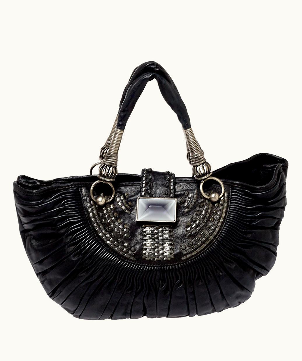 Dior DIOR Embroidered Black Leather Plisse Tote