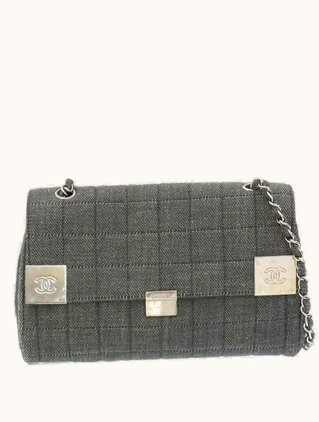 Chanel Chanel Around 2001 Made Denim Chocolate Bar Logo Plate Chain Bag Charcoal Grey