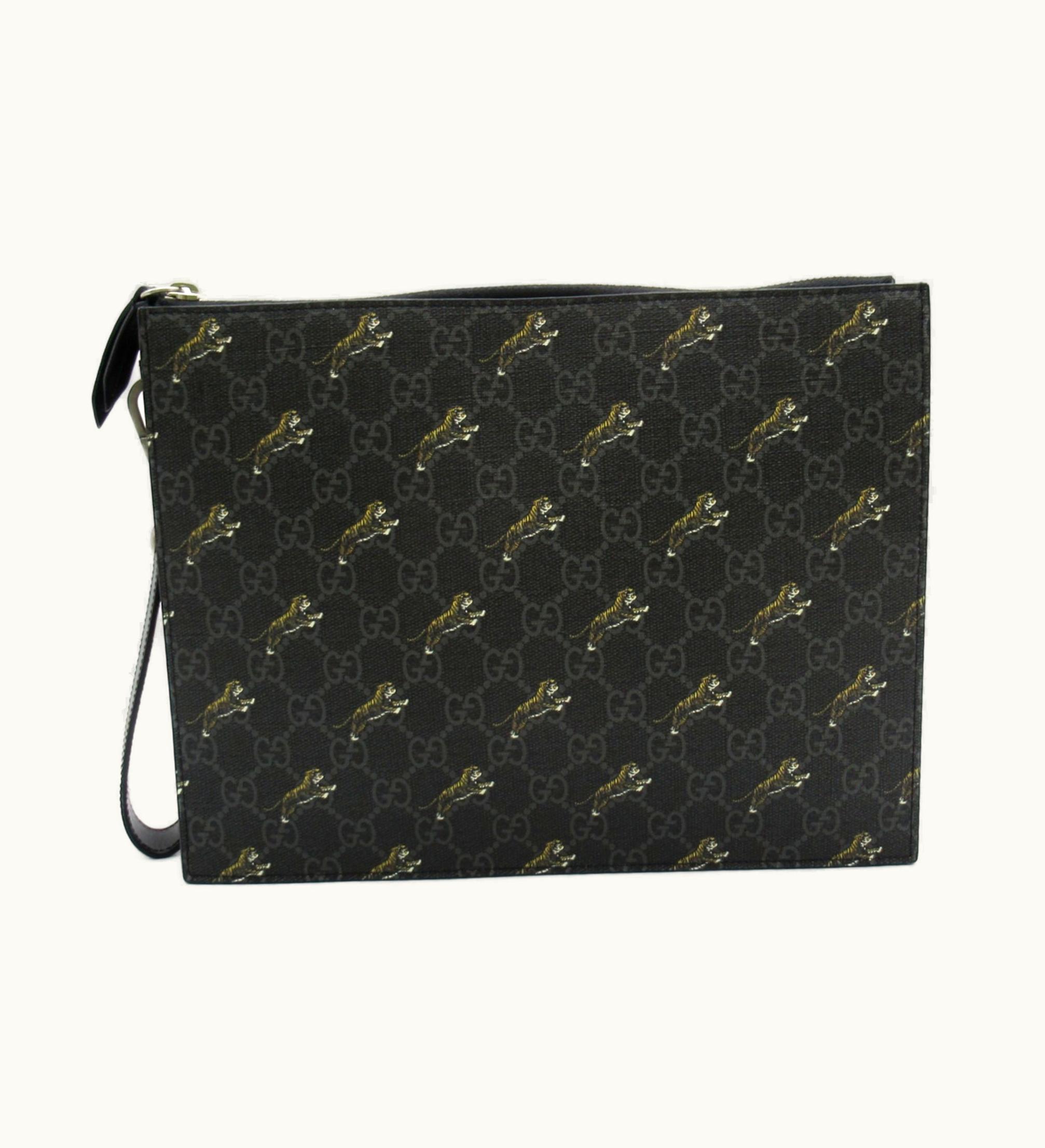 Gucci Gucci Clutch Bag Black Tiger Pattern Pvc Coated Canvas 575136