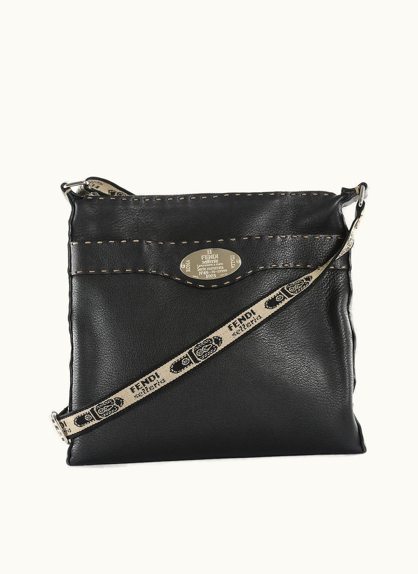 Fendi Fendi Black Pebbled Leather With Canvas Strap Medium Crossbody Bag