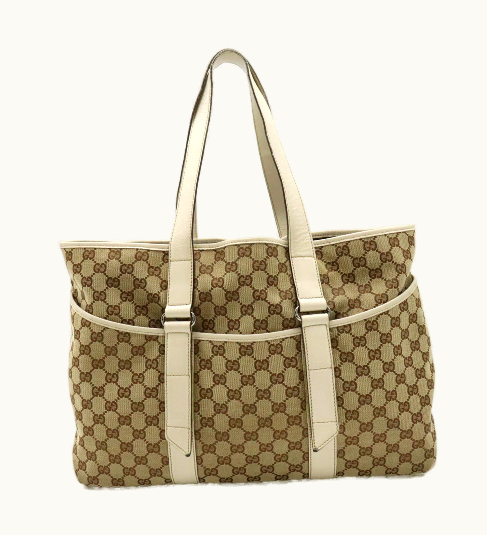 Gucci Gucci GG Canvas Tote Bag Shoulder Leather Khaki Beige 153238 - Women's Luxury Tote Bag Beige Brown Khaki