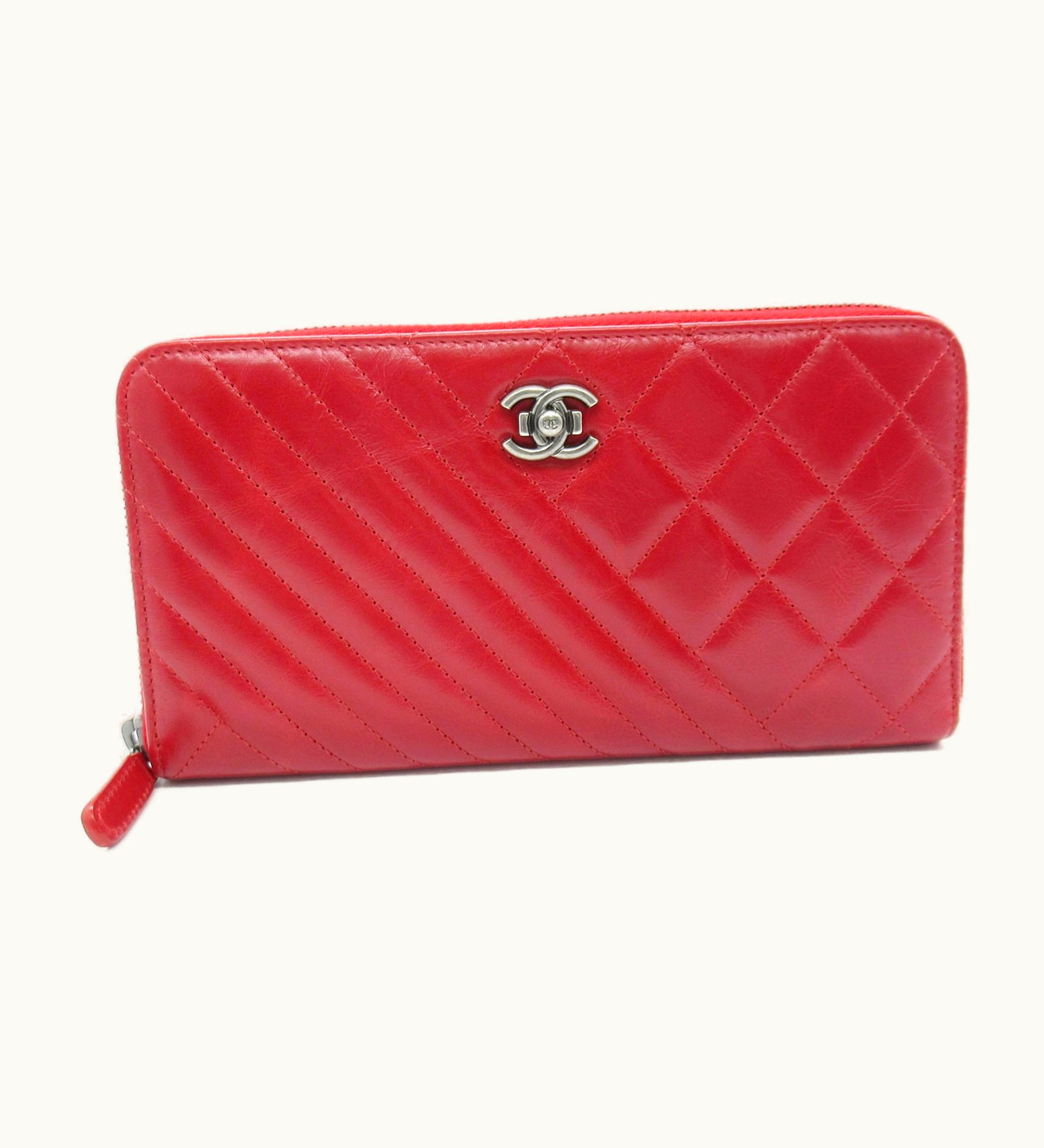 Chanel Chanel Cocoboy Cross Stitch Round Long Wallet Red Leather