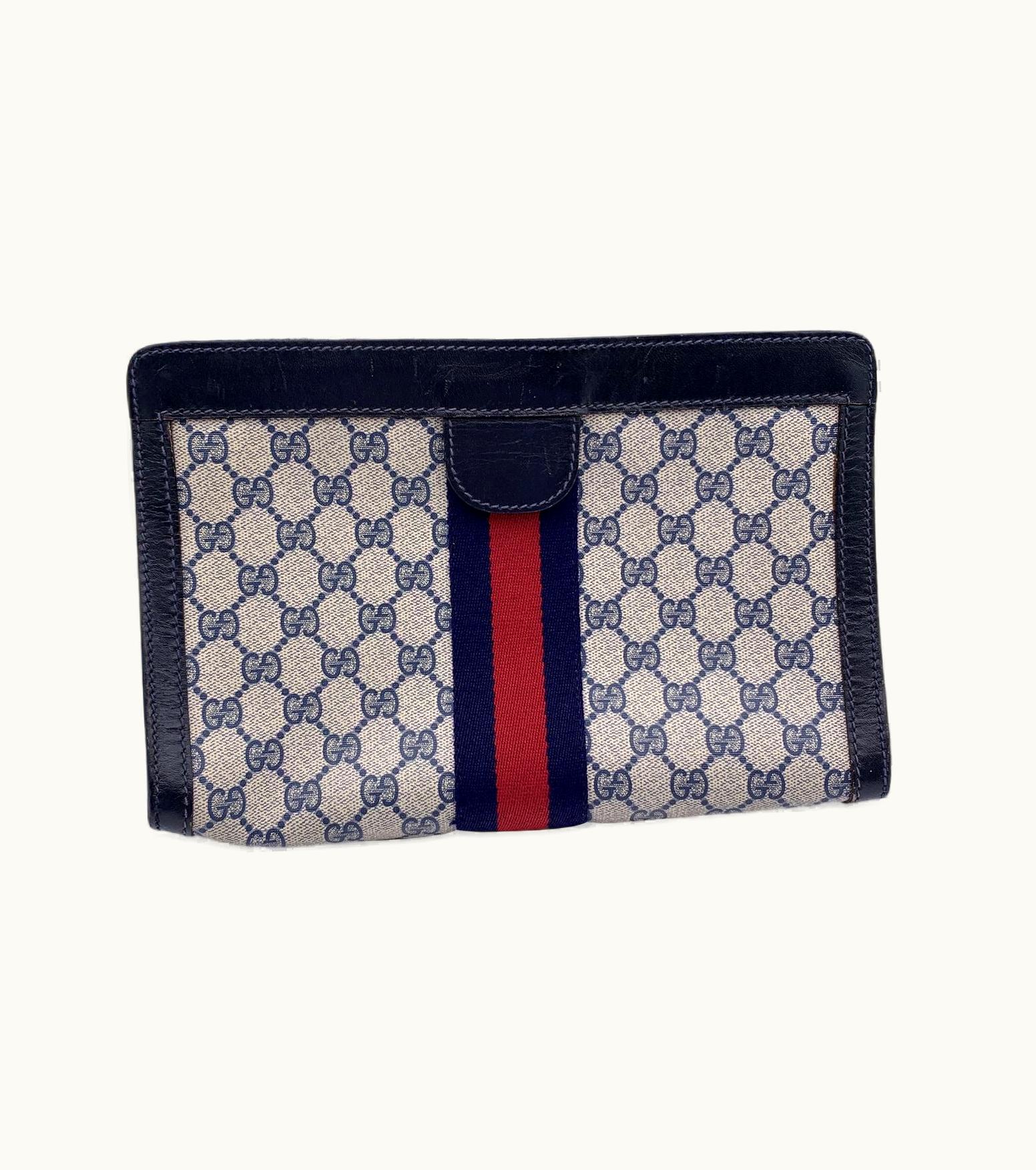 Gucci Gucci Vintage Blue Monogram Canvas Cosmetic Bag Clutch Stripes