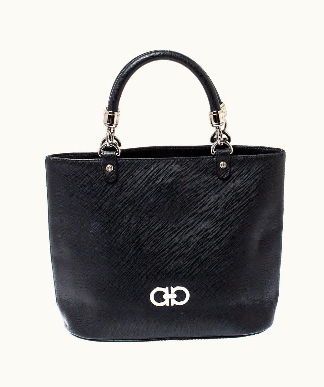 Salvatore Ferragamo Salvatore Ferragamo Black Leather Double Gancio Tote