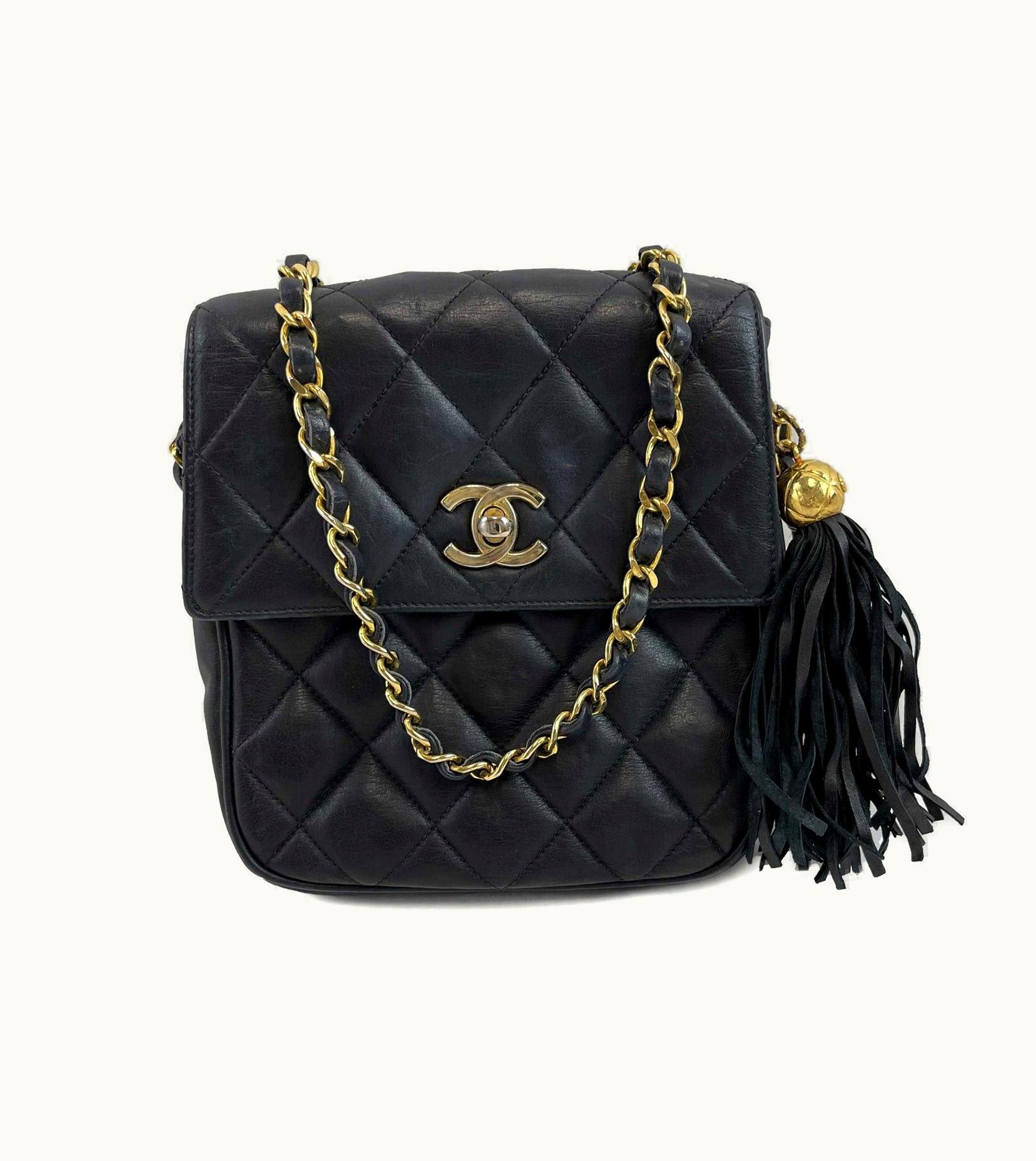 Chanel Chanel Small Square Flap Leather Vintage Gold CC Tassel Black Crossbody Handbag