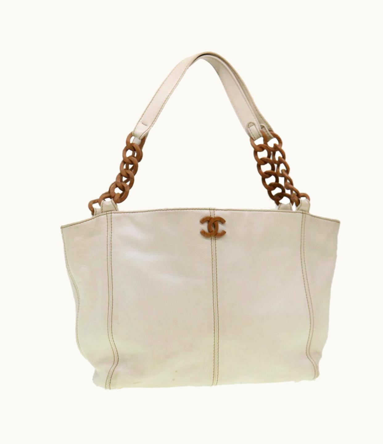 Chanel Chanel Wood Chain Tote Bag Caviar Skin White Brown CC