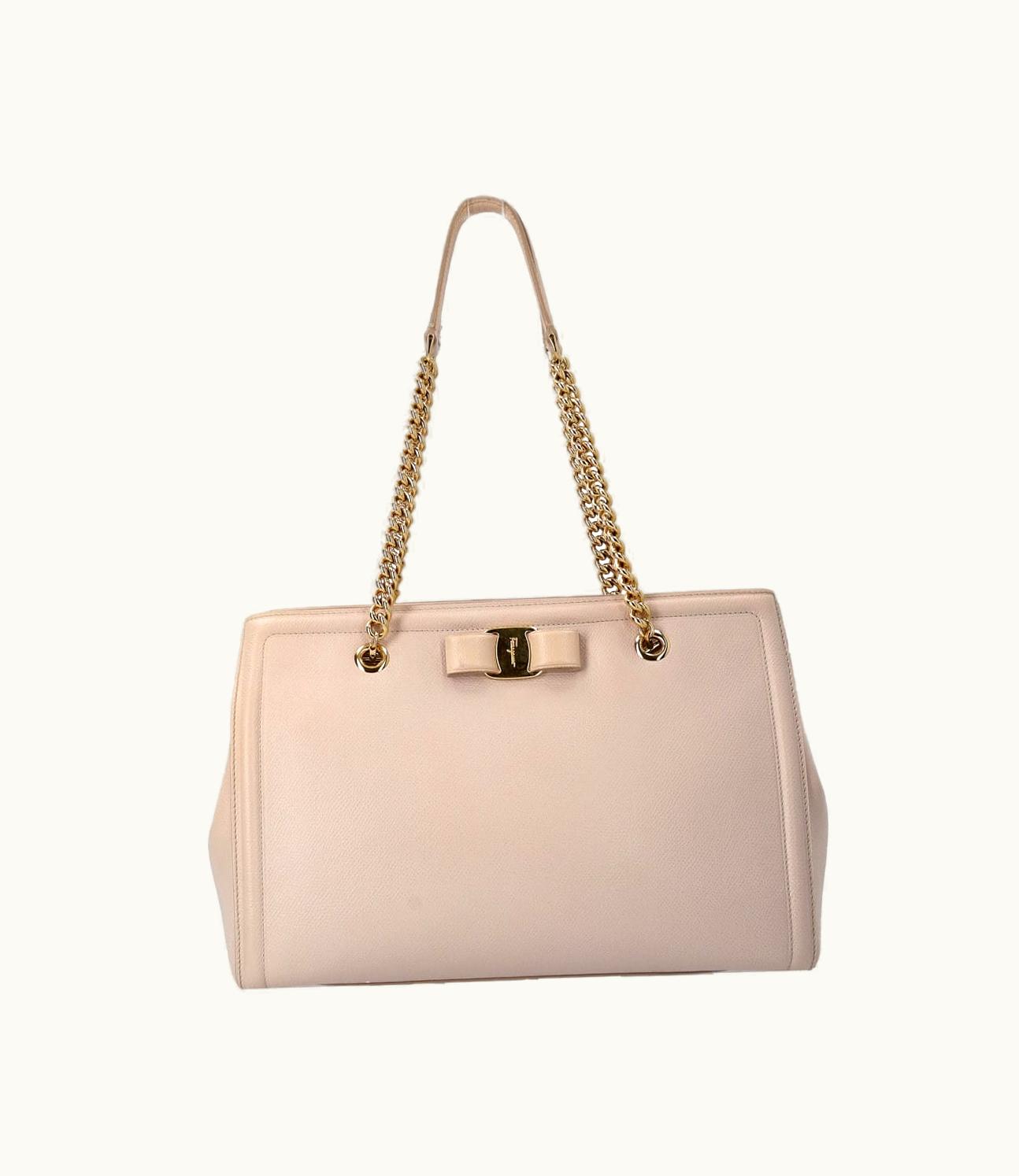 Salvatore Ferragamo Salvatore Ferragamo Leather Vara Bow Chain Tote Nude