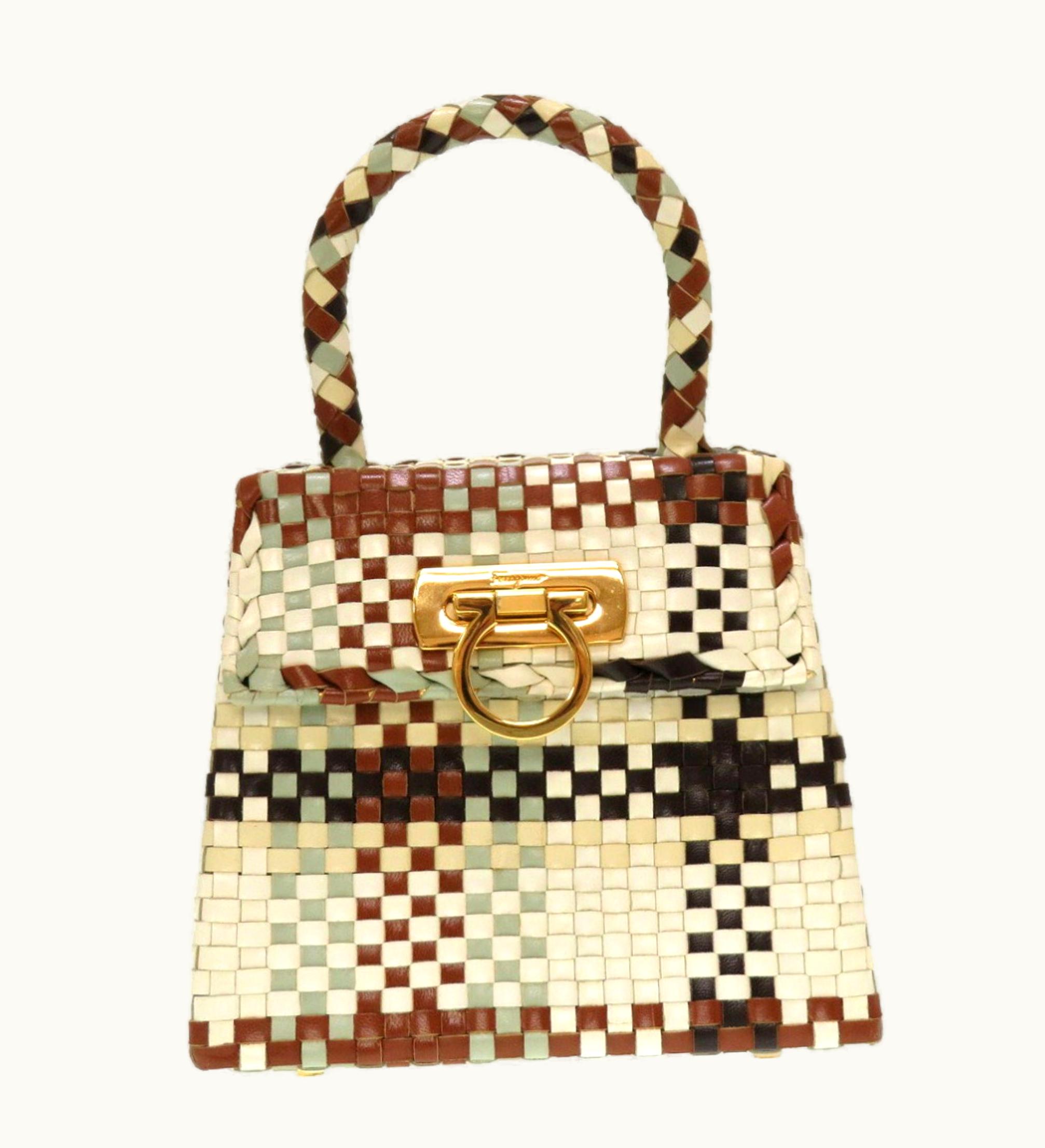 Salvatore Ferragamo Salvatore Ferragamo Gancini Intrecciato Leather Do-217269 Handbag Brown Ivory