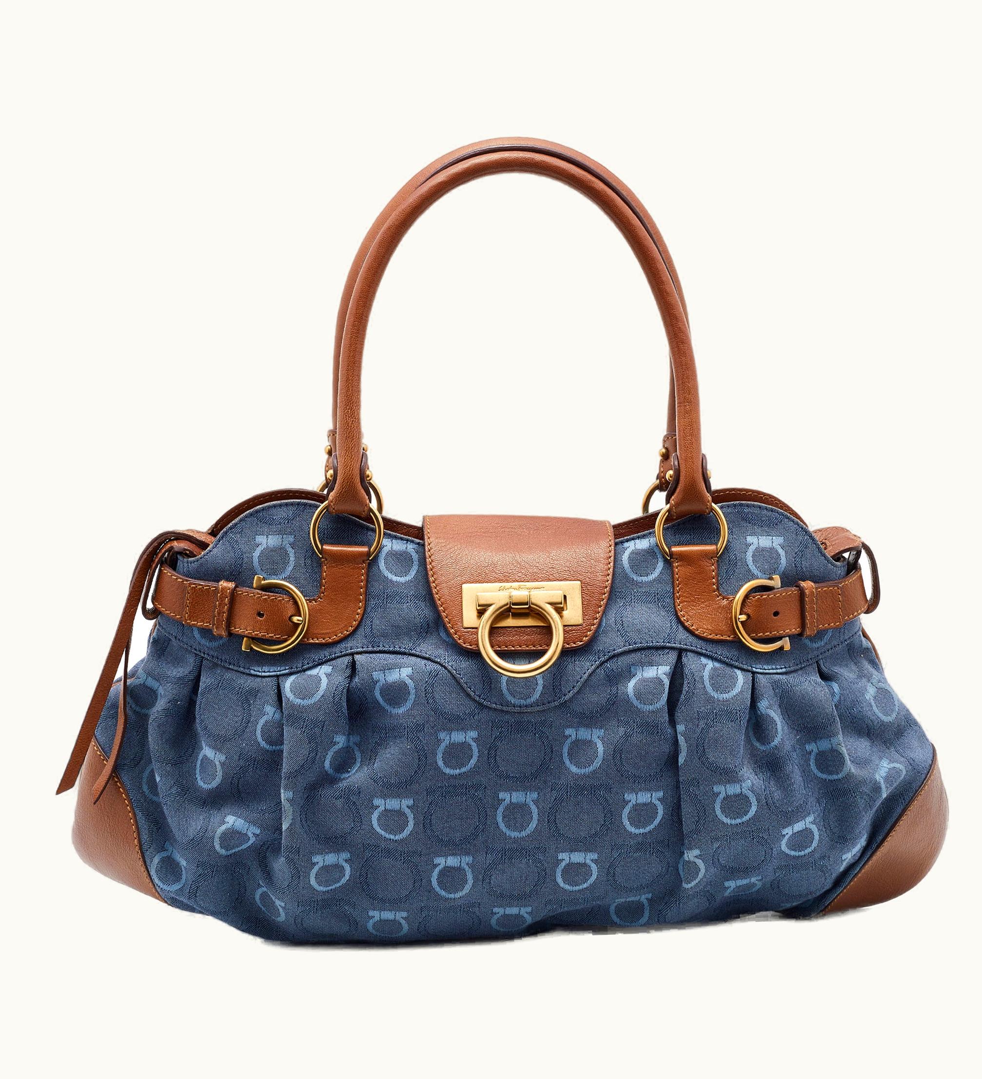 Salvatore Ferragamo Salvatore Ferragamo Blue/Tan Signature Canvas And Leather Marisa Satchel