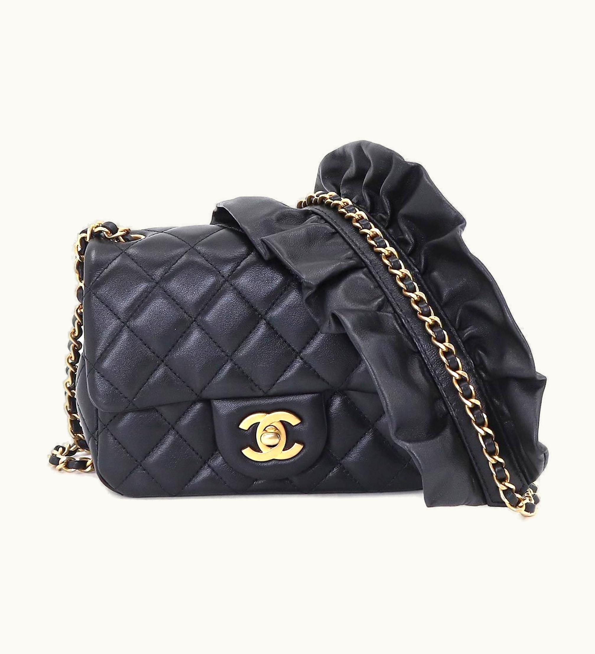 Chanel Chanel Mini Matelasse Frill Chain Shoulder Bag Leather Black Gold Hardware