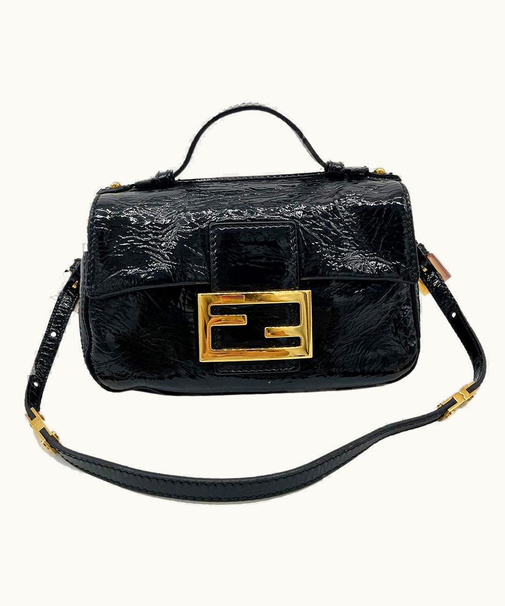 Fendi Fendi Zucca Double Mini Baguette Black Patent & SilkLuxury Bag