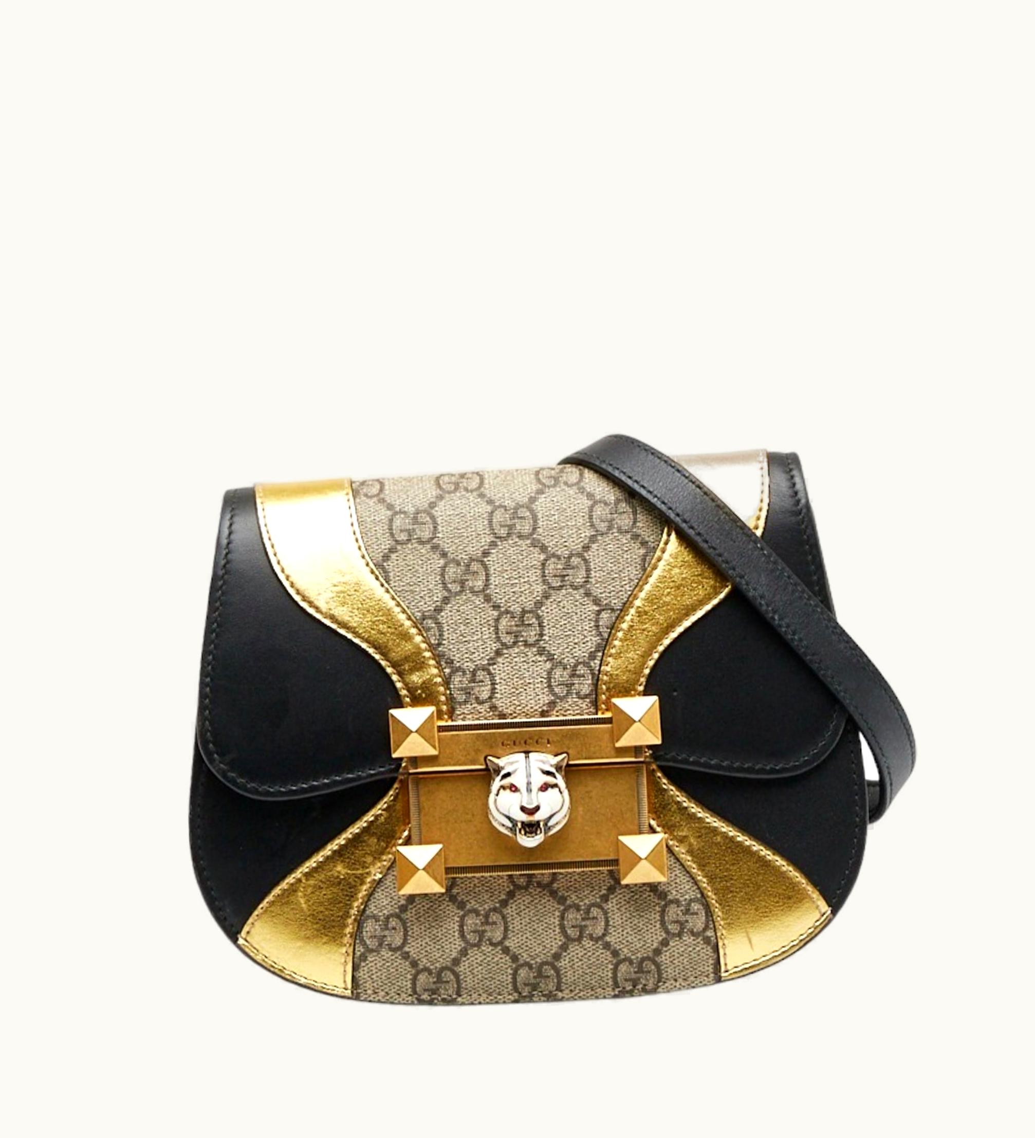 Gucci Gucci Ogilide Shoulder Bag 500781 Black Gold Beige Leather Pvc Women's