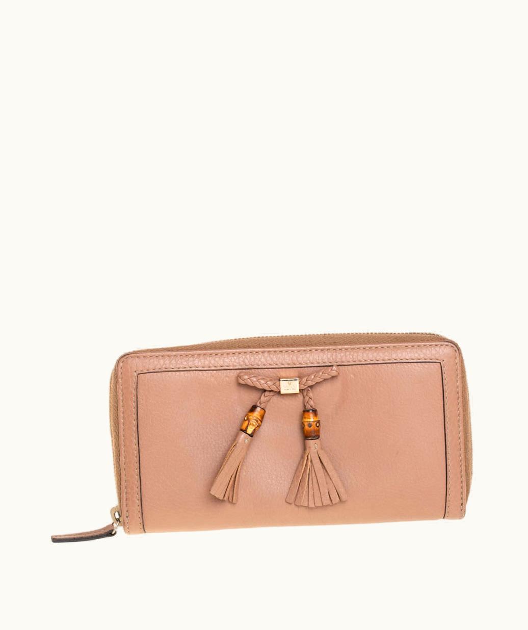 Gucci Gucci Beige Leather Bamboo Tassel Bow Zip Around Wallet