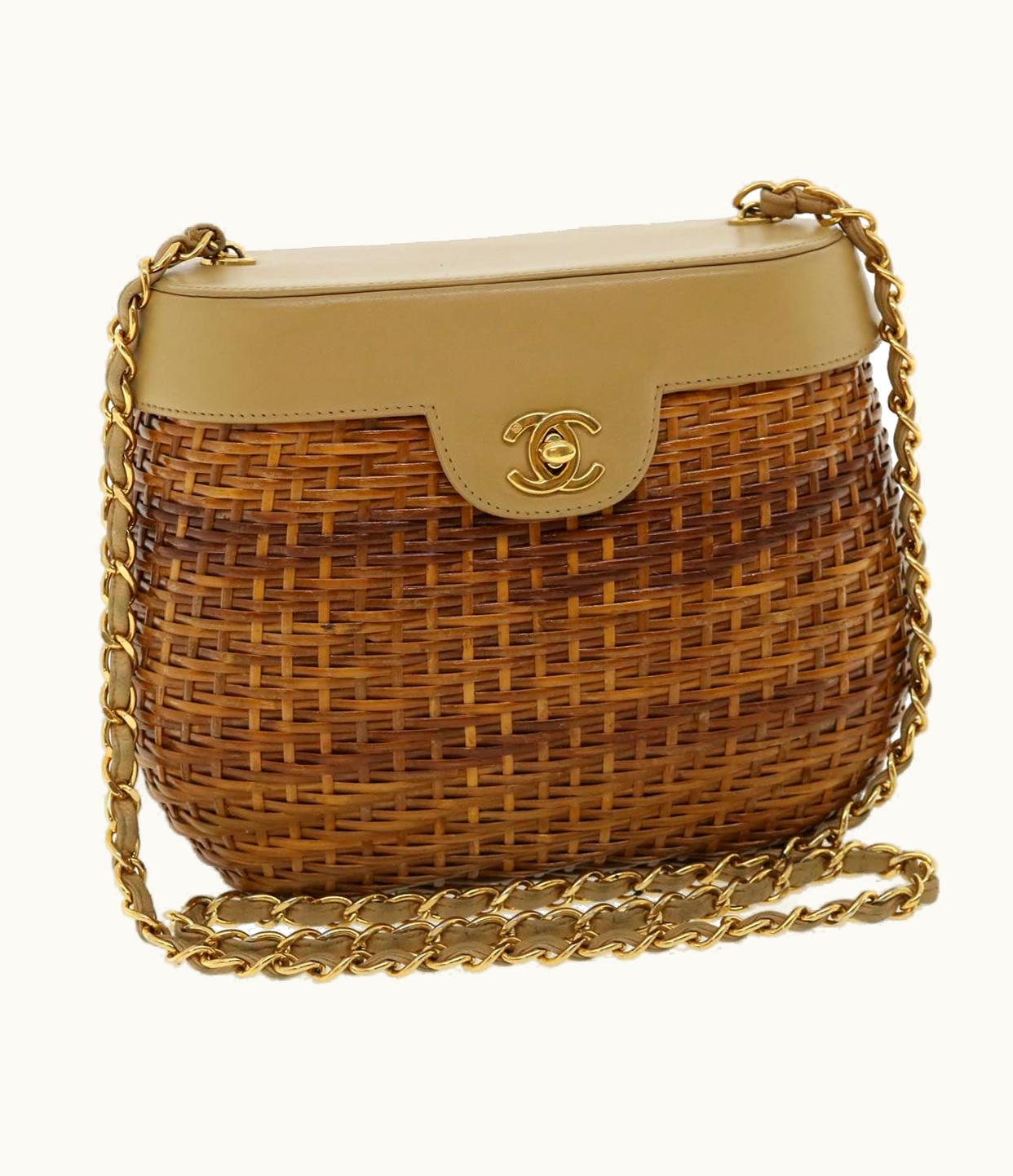 Chanel Chanel Basket Chain Shoulder Bag Leather Rattan Brown CC