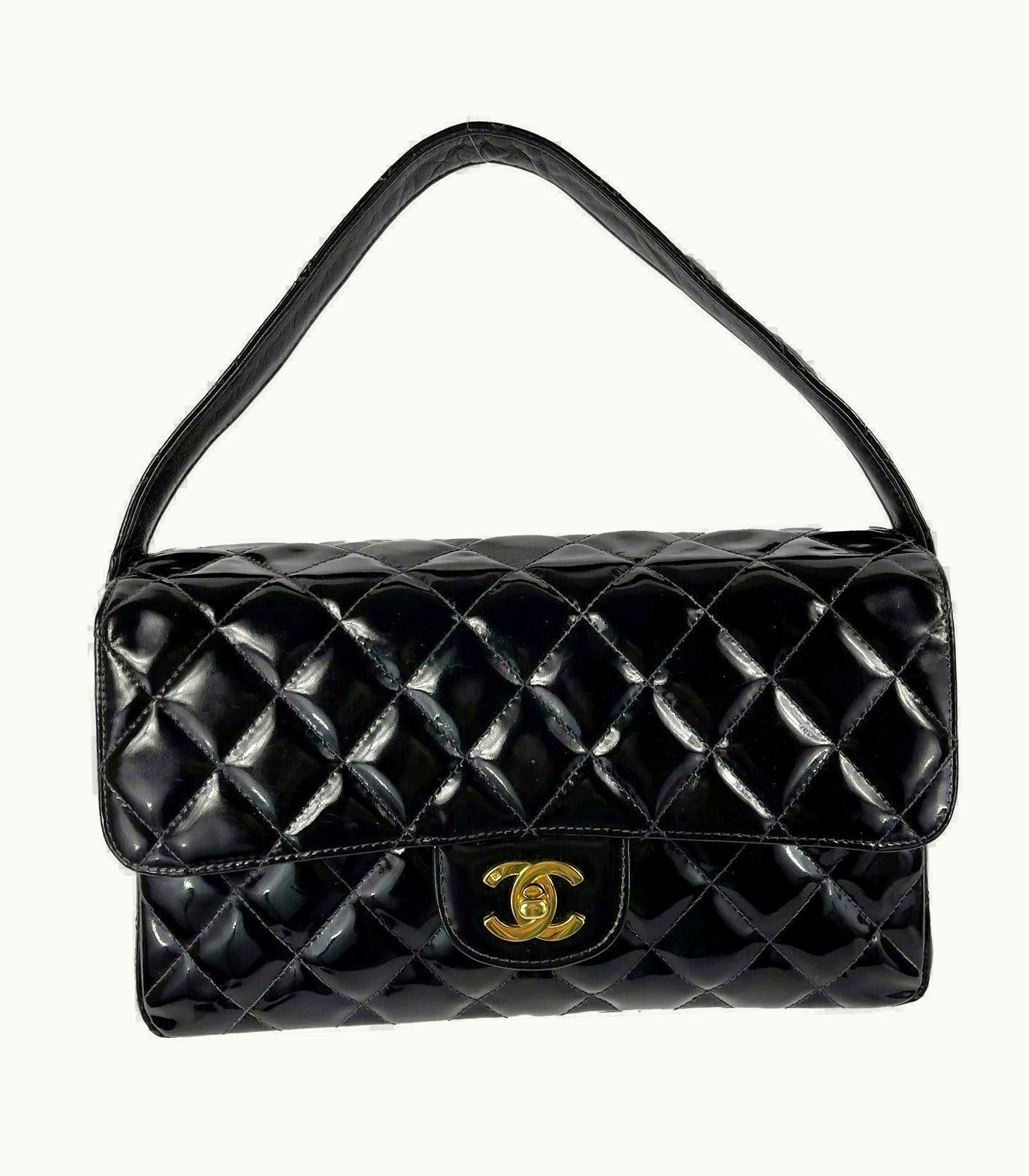 Chanel Chanel - Vtg 1996 Medium Black Top Handle Kelly Medium Flap Bag - Patent Leather
