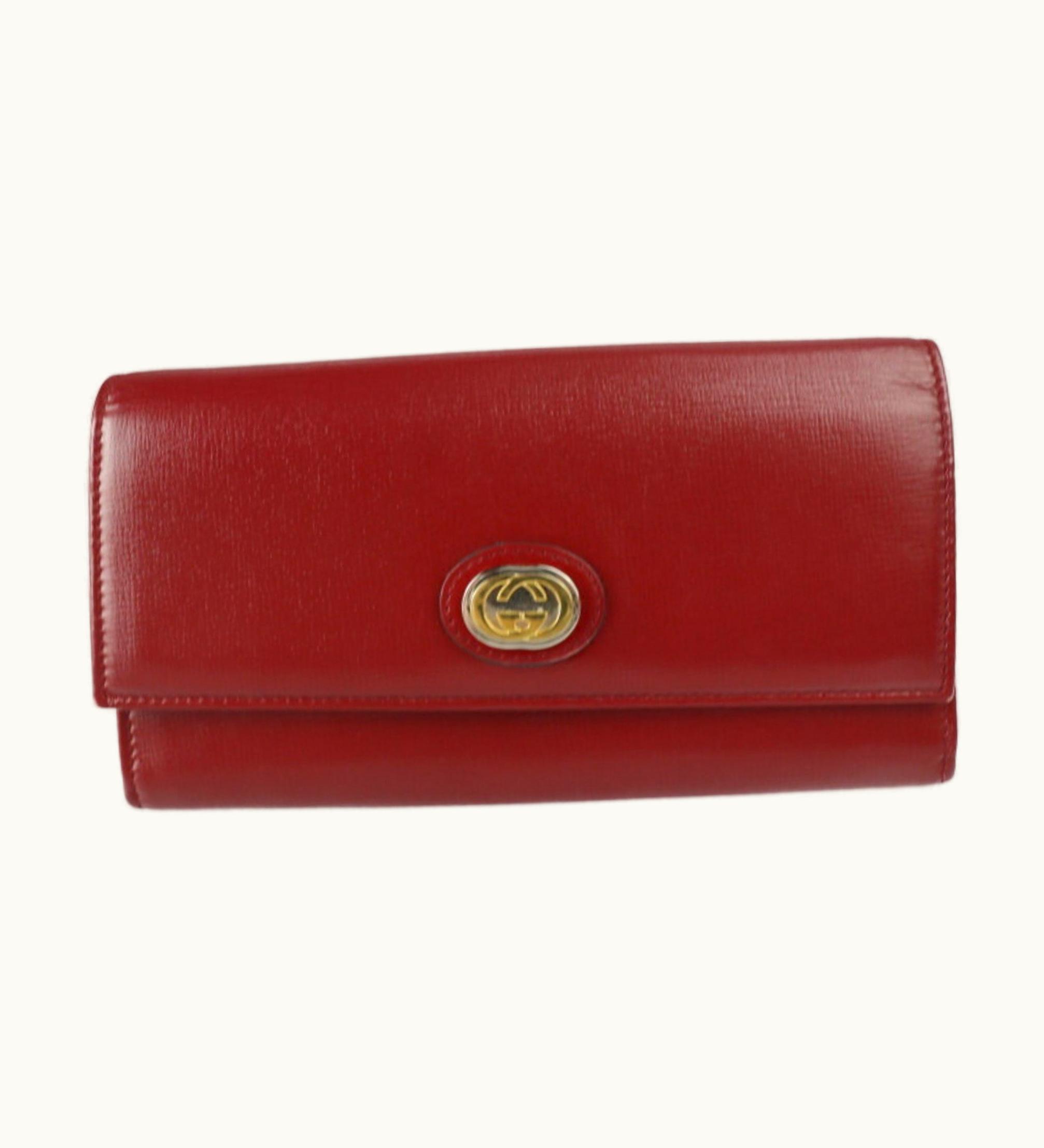 Gucci Gucci Interlocking G Marina Bifold Wallet 598531 Leather Red Bordeaux Gold Hardware Long