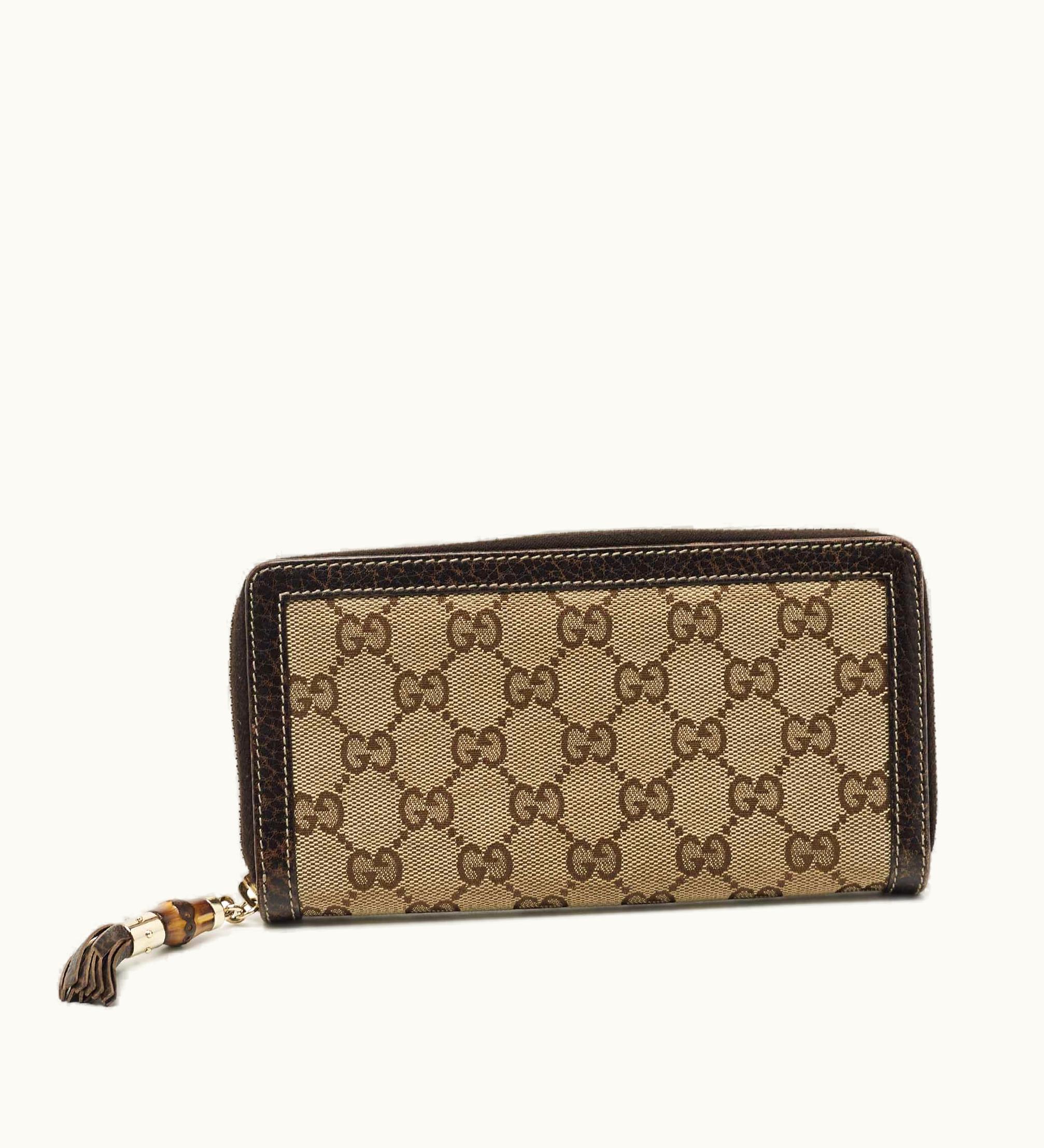 Gucci Gucci Beige/Brown GG Canvas And Leather Bamboo Tassel Zip Around Wallet