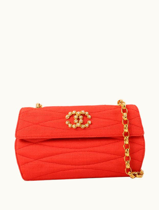 Chanel Chanel Around 1998 Made Cotton Pearl CC Mark Bijoux Chain Bag Red